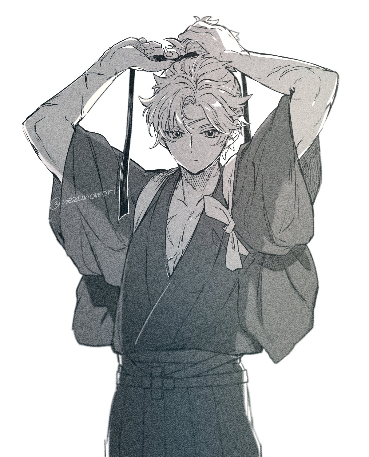 nezunomori, toudou heisuke (fate), fate/grand order, fate (series), commentary request, highres, 1boy, greyscale, hair ribbon, hakama, high ponytail, japanese clothes, kimono, monochrome, ponytail, ribbon, scar, scar on arm, scar on chest, scar on face, scar on forehead, short ponytail, simple background, solo, tasuki, twitter username, tying hair, white background