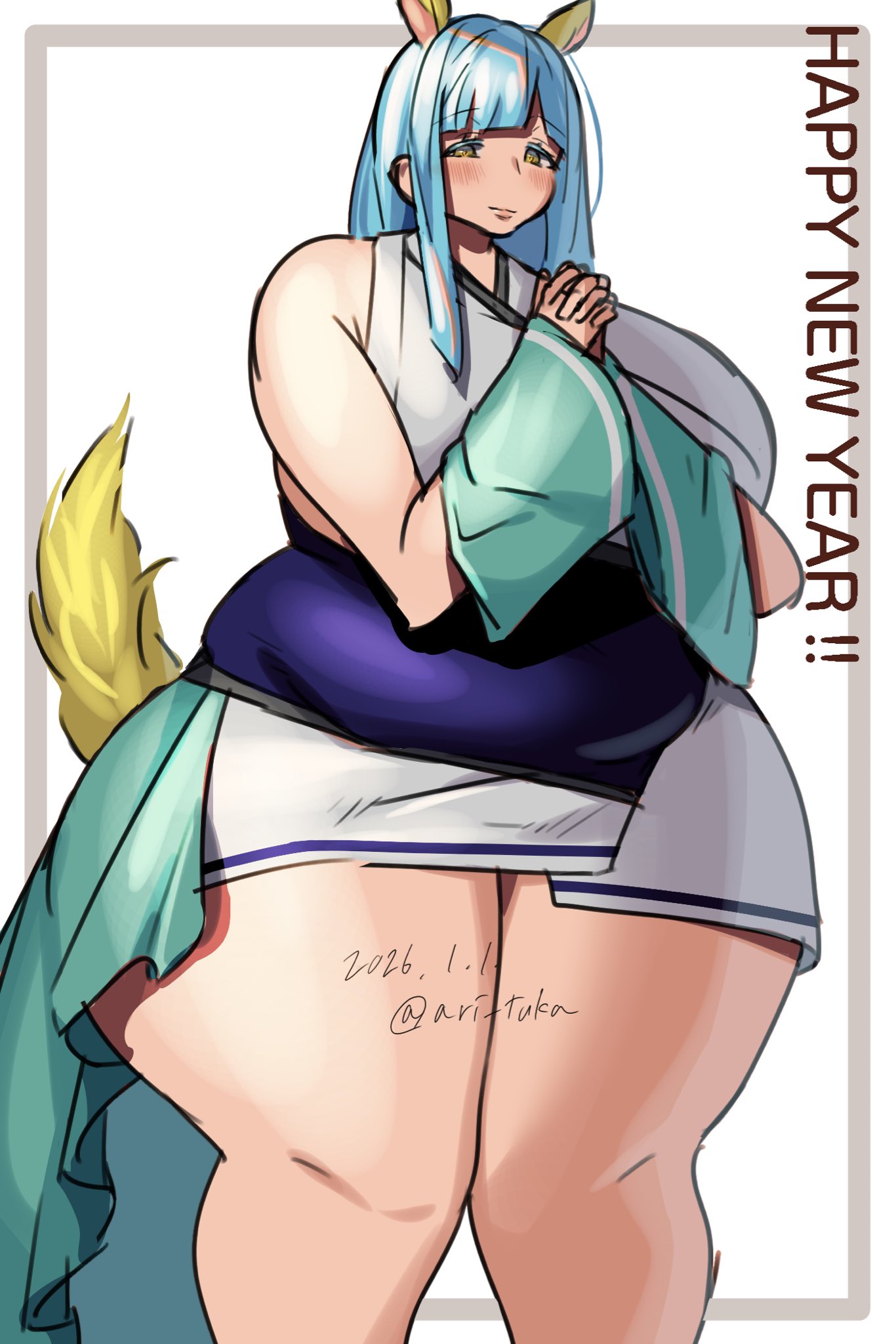 ari tuka, original, 1girl, animal ears, aqua hair, aqua skirt, aqua sleeves, blue hair, blunt bangs, blush, dated, detached sleeves, english text, himi cut, horse ears, interlocked fingers, japanese clothes, kimono, lips, long hiar, new year, plump, sidelocks, skirt, sleeveless, sleeveless kimono, solo, standing, tail, thick eyelashes, thick thighs, thighs, twitter username, white background, white kimono, wide hips, wide sleeves, yellow eyes