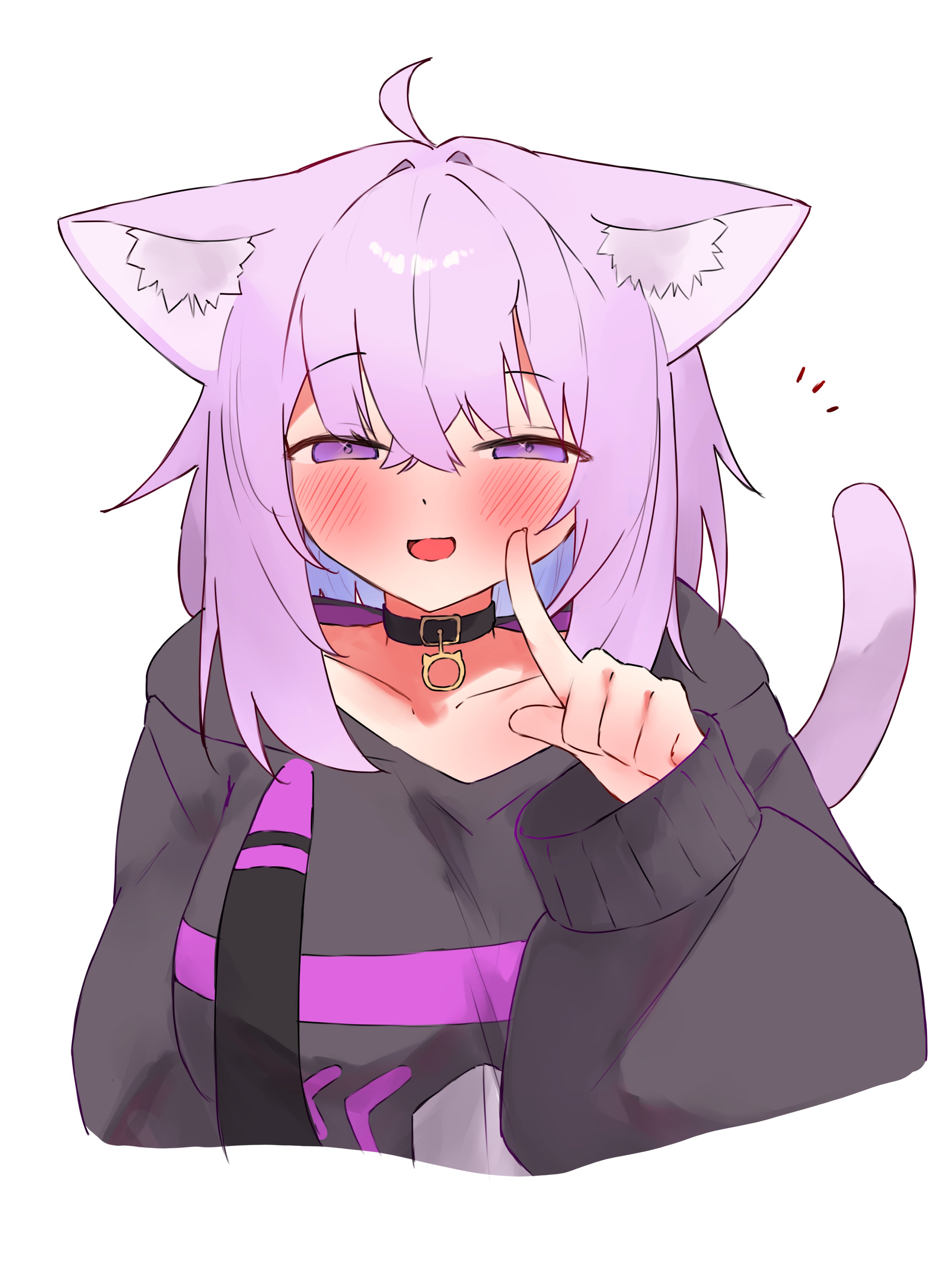 tepenchi, nekomata okayu, nekomata okayu (1st costume), hololive, absurdres, commentary request, highres, 1girl, ahoge, animal ear fluff, animal ears, black collar, black hoodie, blue hair, blush, cat ears, cat girl, cat tail, collar, colored inner hair, hood, hoodie, medium hair, multicolored hair, open mouth, purple eyes, purple hair, smile, solo, tail, virtual youtuber, white background
