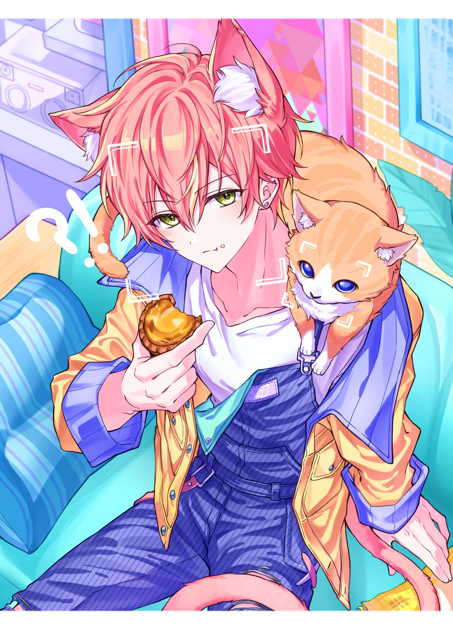 shinonome akito, project sekai, commentary, highres, symbol-only commentary, !?, 1boy, animal, animal ears, blue eyes, cat, cat ears, ccff33, crumbs, earrings, eating, food, from above, green eyes, holding, holding food, jewelry, light blush, looking at viewer, male focus, orange cat, overalls, shirt, solo, tail, white shirt