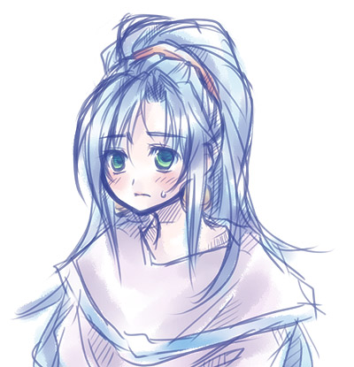 imoyama, schala zeal, chrono (series), chrono trigger, lowres, 1990s (style), 1girl, blue hair, blush, earrings, female focus, green eyes, jewelry, long hair, ponytail, retro artstyle, simple background, solo