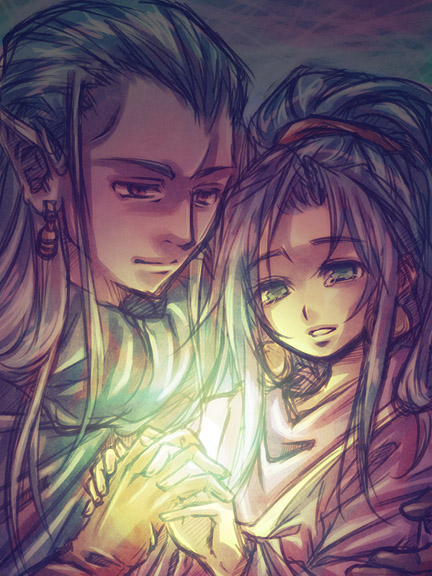 imoyama, magus (chrono trigger), schala zeal, chrono (series), chrono trigger, 1990s (style), 1boy, 1girl, blue hair, brother and sister, earrings, green eyes, happy, hetero, holding hands, jewelry, long hair, pointy ears, red eyes, siblings, tears