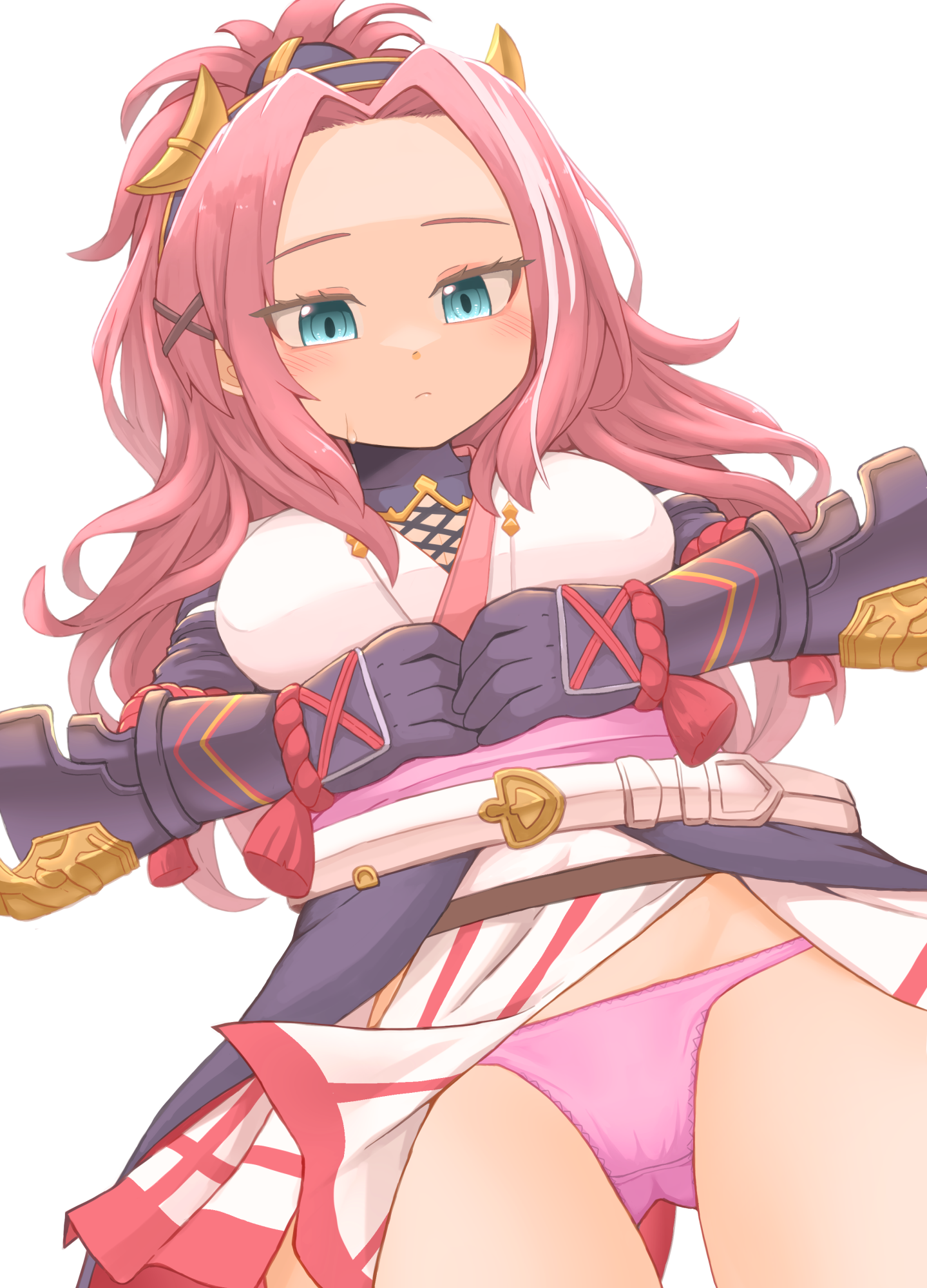 hidemushi, sato (granblue fantasy), granblue fantasy, commentary request, highres, 1girl, accidental exposure, aqua eyes, armor, belt, cowboy shot, dutch angle, gauntlets, hands on own chest, high ponytail, japanese armor, multicolored hair, ninja/wb, panties, pantyshot, pink panties, ponytail, red hair, simple background, single hair streak, solo, streaked hair, sweatdrop, tassel, underwear