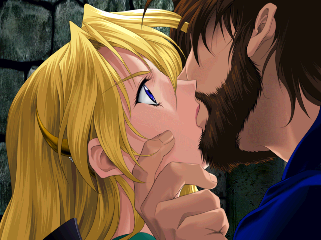 sharon (words worth), words worth, game cg, 1boy, 1girl, armor, beard, blonde hair, blue eyes, brown hair, facial hair, hair ornament, hairclip, hetero, kiss, mustache