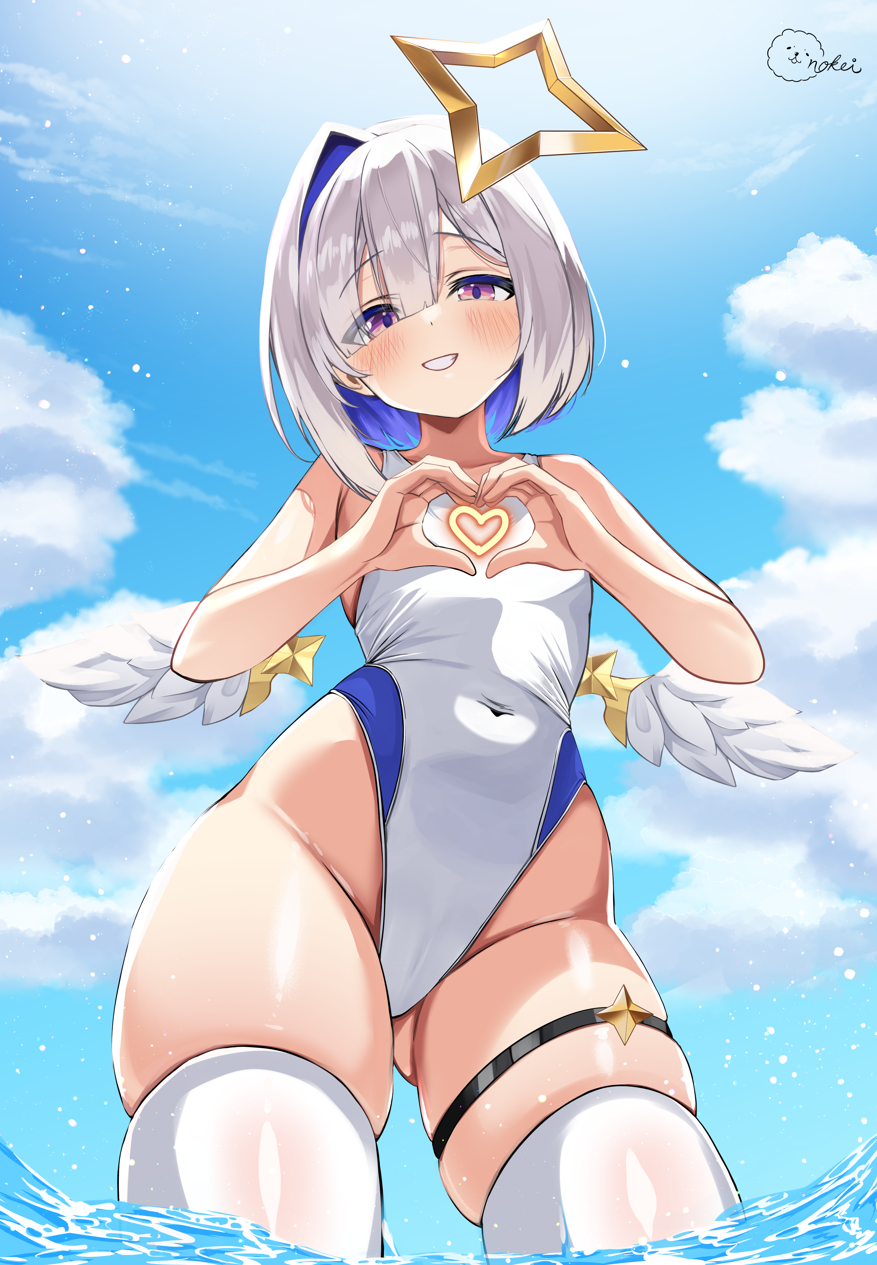 inokeiwd, amane kanata, hololive, absurdres, commentary request, highres, 1girl, alternate costume, angel, angel wings, blue hair, blue sky, blush, breasts, cloud, covered navel, grey hair, hair intakes, halo, heart, heart hands, looking at viewer, medium hair, navel, one-piece swimsuit, outdoors, purple eyes, sky, small breasts, smile, solo, star halo, swimsuit, thighhighs, virtual youtuber, wading, water, white one-piece swimsuit, white thighhighs, wings