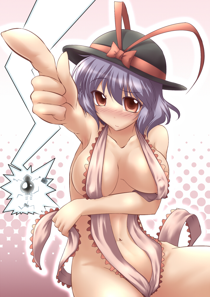 yoshi tama, nagae iku, shameimaru aya, saturday night fever, touhou, 1girl, blush, bow, breasts, camera, cleavage, female focus, halftone, halftone background, hat, large breasts, looking at viewer, navel, pointing, purple hair, red eyes, ribbon, shawl, skeleton, slingshot swimsuit, solo, swimsuit, tokin hat
