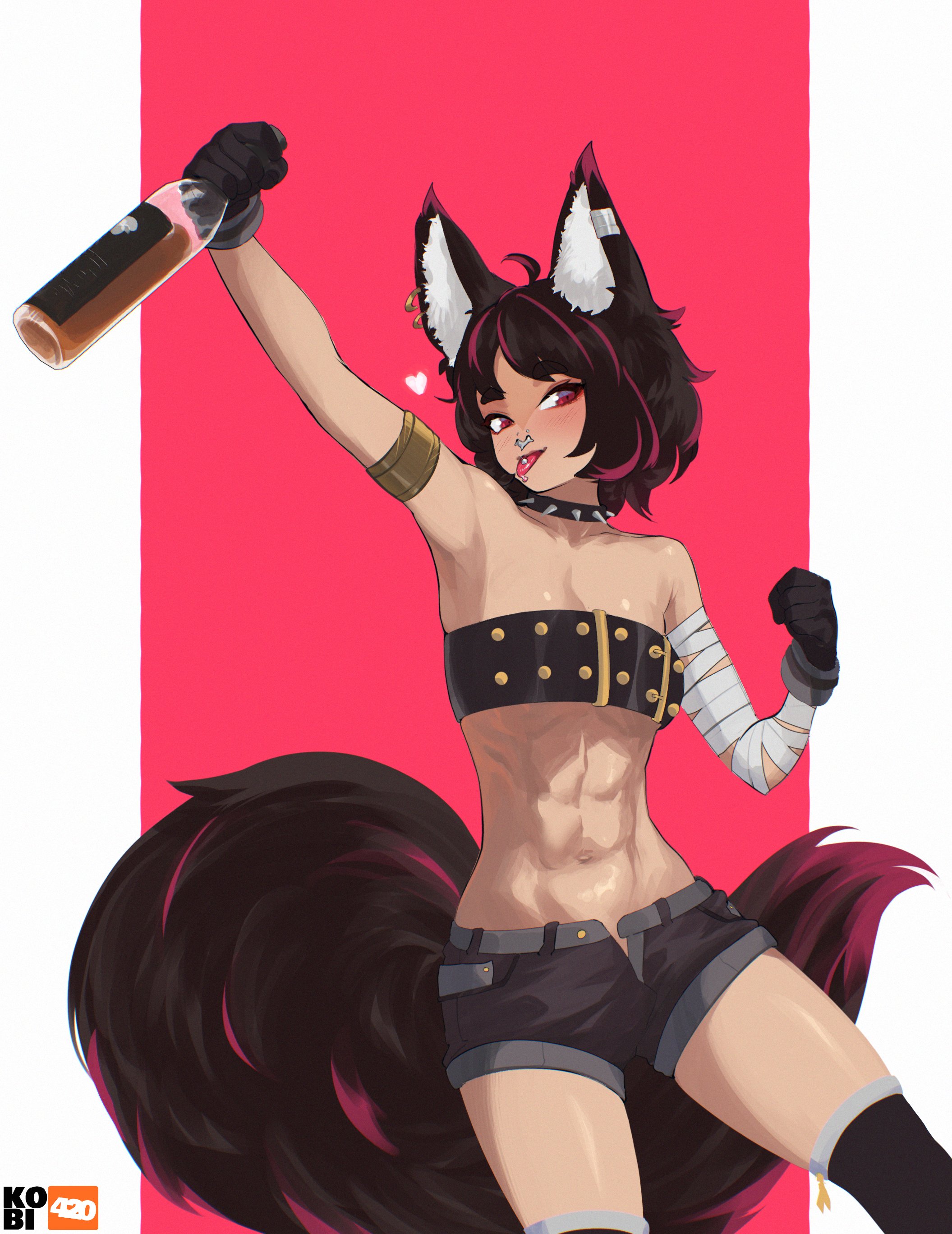 kobi420, original, absurdres, commentary, commission, english commentary, highres, 1girl, :p, abs, ahoge, alcohol, animal ear fluff, animal ear piercing, animal ears, arm up, artist logo, artist name, bandaged arm, bandages, bare shoulders, belt, black belt, black collar, black gloves, black hair, black shorts, black tail, black thighhighs, blush, border, bottle, breasts, chest belt, cleavage, clenched hand, collar, collarbone, cowboy shot, face piercing, fox ears, fox girl, fox tail, gloves, hand up, heart, holding, holding bottle, logo, looking at viewer, midriff, multicolored hair, navel, nose piercing, nose ring, open fly, outside border, piercing, pink background, purple eyes, purple streaks, purple tail, short hair, shorts, simple background, small breasts, solo, spiked collar, spikes, tail, thick eyebrows, thighhighs, thighs, toned, toned female, tongue, tongue out, tongue piercing, two-tone hair, white border