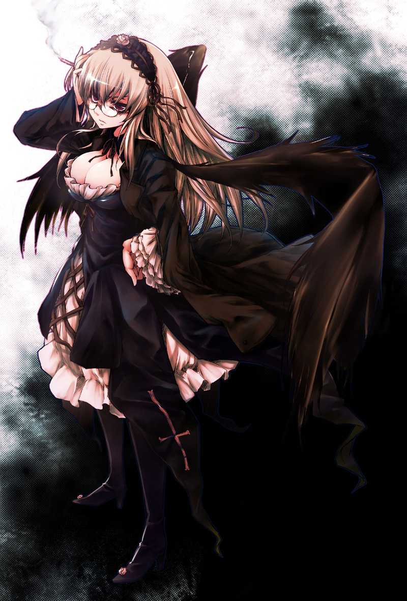 tousen, suigintou, rozen maiden, 00s, 1girl, black wings, breasts, cigarette, cleavage, dress, female focus, glasses, gothic lolita, high heels, lolita fashion, long hair, shoes, small breasts, solo, wings