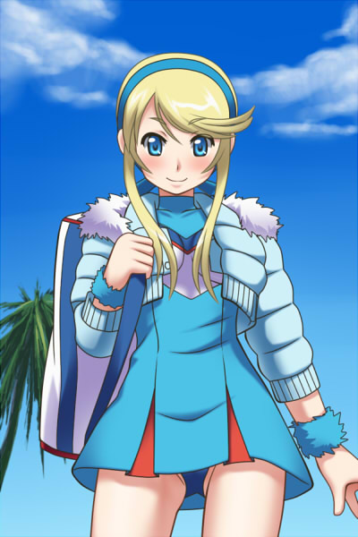 awa, lina davis, heroman, fur, 1girl, bag, blonde hair, blue eyes, blue panties, blush, cloud, day, dress, female focus, flat chest, hair ornament, hairband, jacket, long hair, open clothes, open jacket, outdoors, palm tree, panties, pantyshot, pleated skirt, short dress, skirt, sky, smile, solo, standing, tree, turtleneck, twintails, underwear, upskirt, wristband
