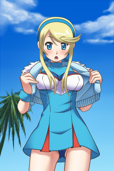 awa, lina davis, heroman, 1girl, blonde hair, blue eyes, blush, breasts, female focus, hair ornament, hairband, jacket, nature, outdoors, panties, skirt, sky, solo, twintails, underwear