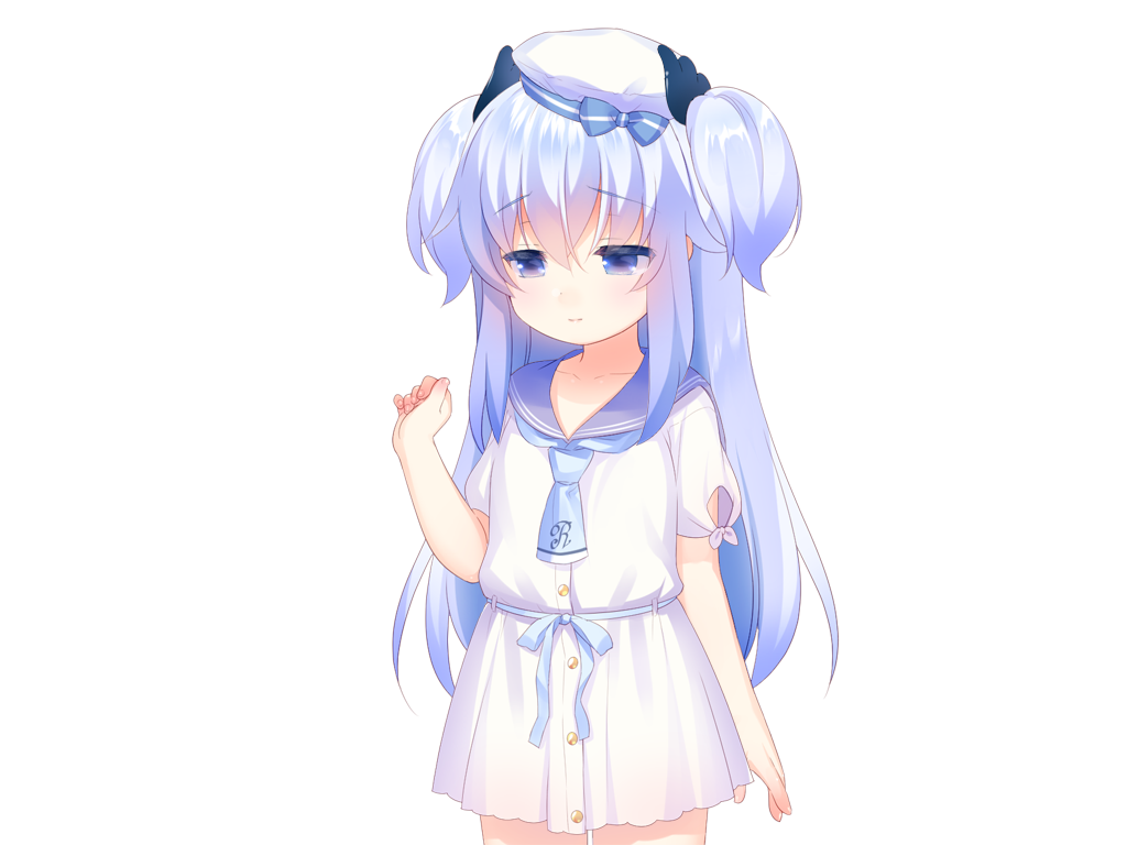 usashiro mani, sunao (harem futago lolita), harem futago lolita, game cg, large variant set, non-web source, variant set, 1girl, ahoge, blue bow, blue eyes, blue hair, blue necktie, blue sailor collar, bow, buttons, closed mouth, cowboy shot, hair between eyes, hand up, hat, hat bow, long hair, necktie, pleated skirt, sailor collar, school uniform, serafuku, shirt, short sleeves, sidelocks, simple background, skirt, solo, standing, striped bow, tachi-e, transparent background, two side up, white hat, white shirt, white skirt