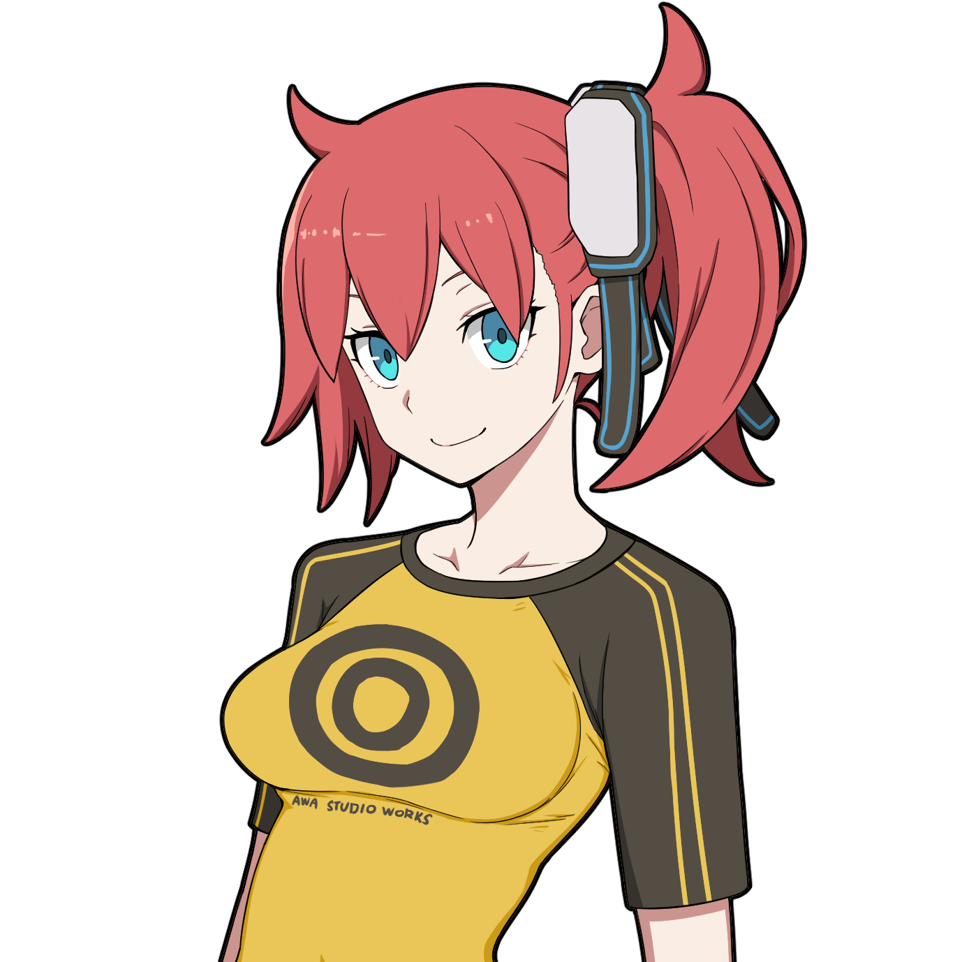 ayu (ddestiny944), aiba ami, digimon, digimon story: cyber sleuth, commentary request, highres, 1girl, black shirt, blue eyes, breasts, closed mouth, collarbone, goggles, goggles on head, long hair, medium breasts, print shirt, red hair, shirt, side ponytail, simple background, smile, solo, upper body, white background, yellow shirt