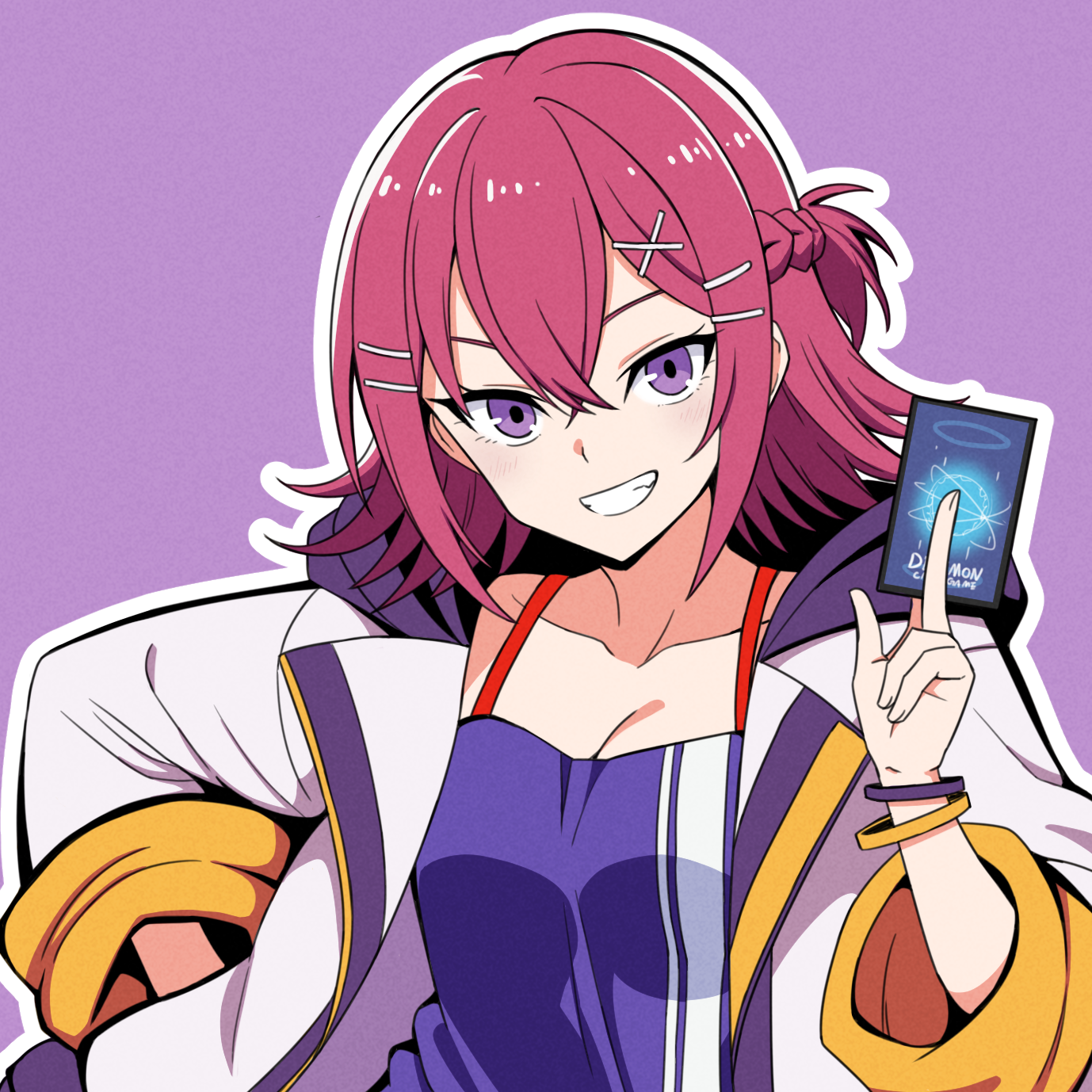 ayu (ddestiny944), yuuki (digimon), digimon, digimon card game, digimon liberator, commentary request, highres, 1girl, bracelet, breasts, camisole, card, cleavage, holding, holding card, jacket, jewelry, medium breasts, medium hair, multiple bracelets, open clothes, open jacket, pink hair, purple camisole, purple eyes, smile, trading card, upper body, white jacket
