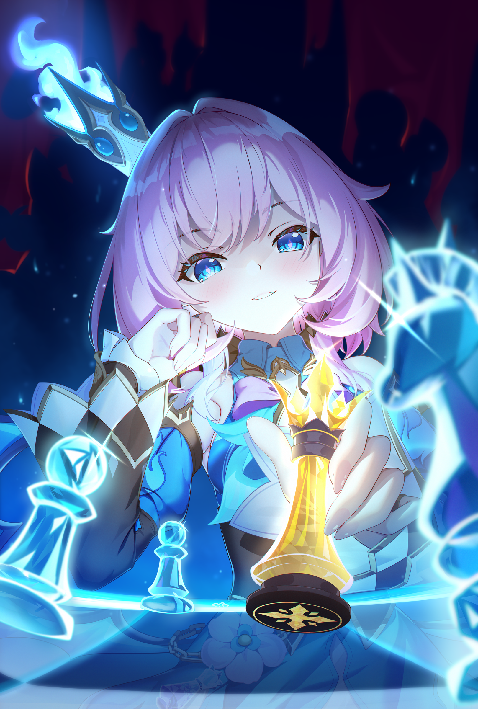 kaede uehara, cerydra (honkai: star rail), cyrene (honkai: star rail), cyrene (philia093) (honkai: star rail), honkai: star rail, honkai (series), absurdres, chinese commentary, commentary request, highres, 1girl, bare shoulders, blue eyes, blush, breasts, cerydra (honkai: star rail) (cosplay), chess piece, cosplay, crown, detached sleeves, fingernails, hand up, holding, holding chess piece, looking at object, medium hair, parted lips, pink hair, pink pupils, reflective surface, small breasts, smile, solo, upper body
