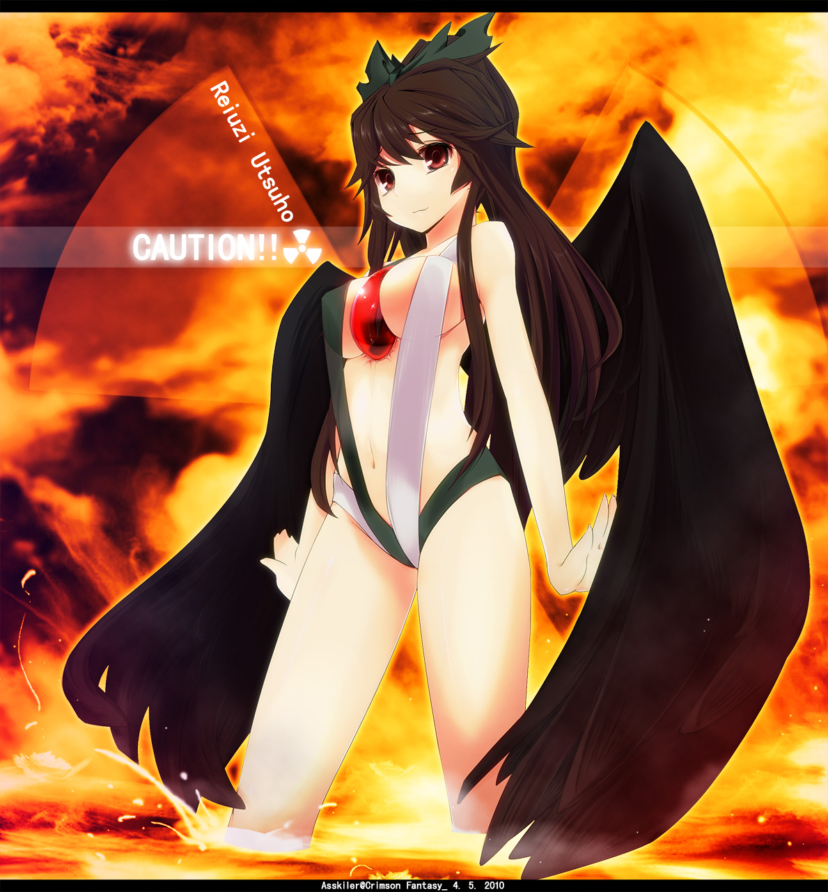 asskiler, reiuji utsuho, touhou, highres, 1girl, black wings, bow, brown hair, caution, female focus, hair bow, long hair, radiation symbol, red eyes, slingshot swimsuit, solo, swimsuit, wings