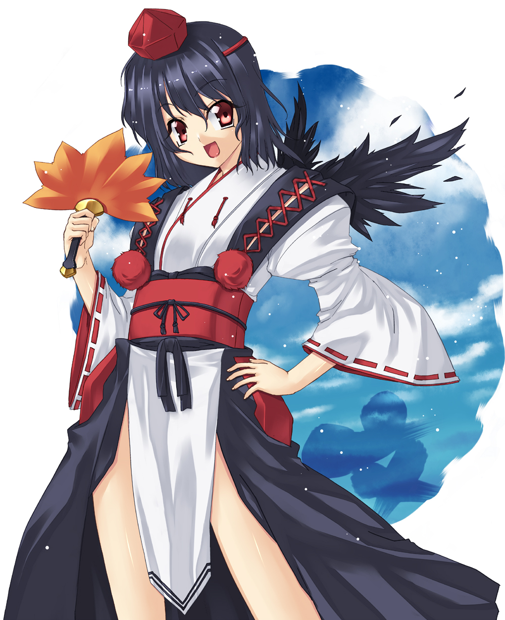 uemukai dai, shameimaru aya, touhou, highres, 1girl, alternate costume, black hair, black wings, female focus, hand fan, hand on own hip, hat, japanese clothes, kourindou tengu costume, looking at viewer, open mouth, pelvic curtain, red eyes, short hair, smile, solo, tokin hat, uemuki dai, wings