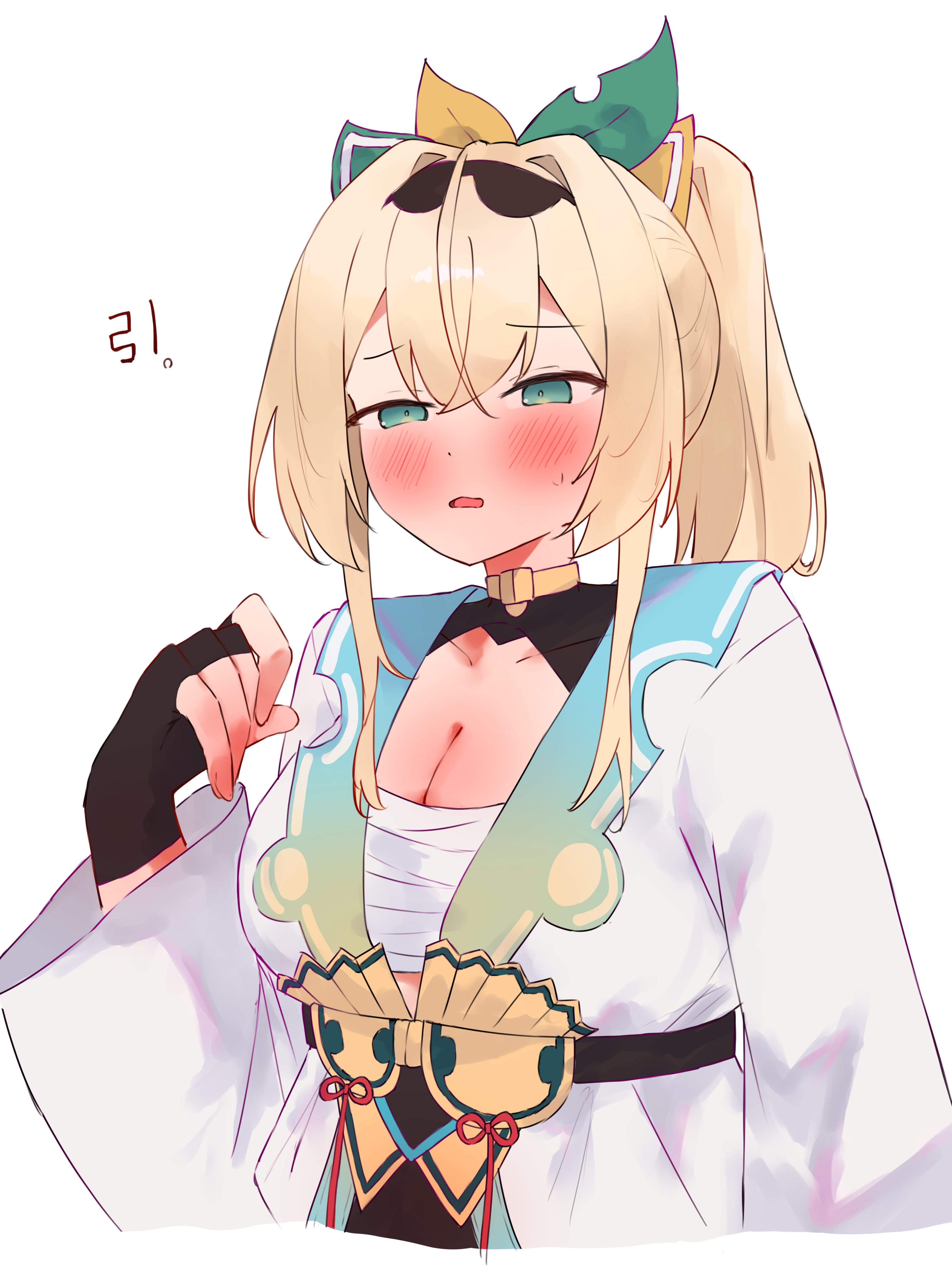 tepenchi, kazama iroha, kazama iroha (1st costume), hololive, absurdres, commentary request, highres, 1girl, black gloves, blonde hair, blue eyes, blush, chest sarashi, fingerless gloves, gloves, japanese clothes, kimono, leotard, leotard under clothes, looking at viewer, medium hair, open mouth, ponytail, sarashi, solo, virtual youtuber, white background, white kimono