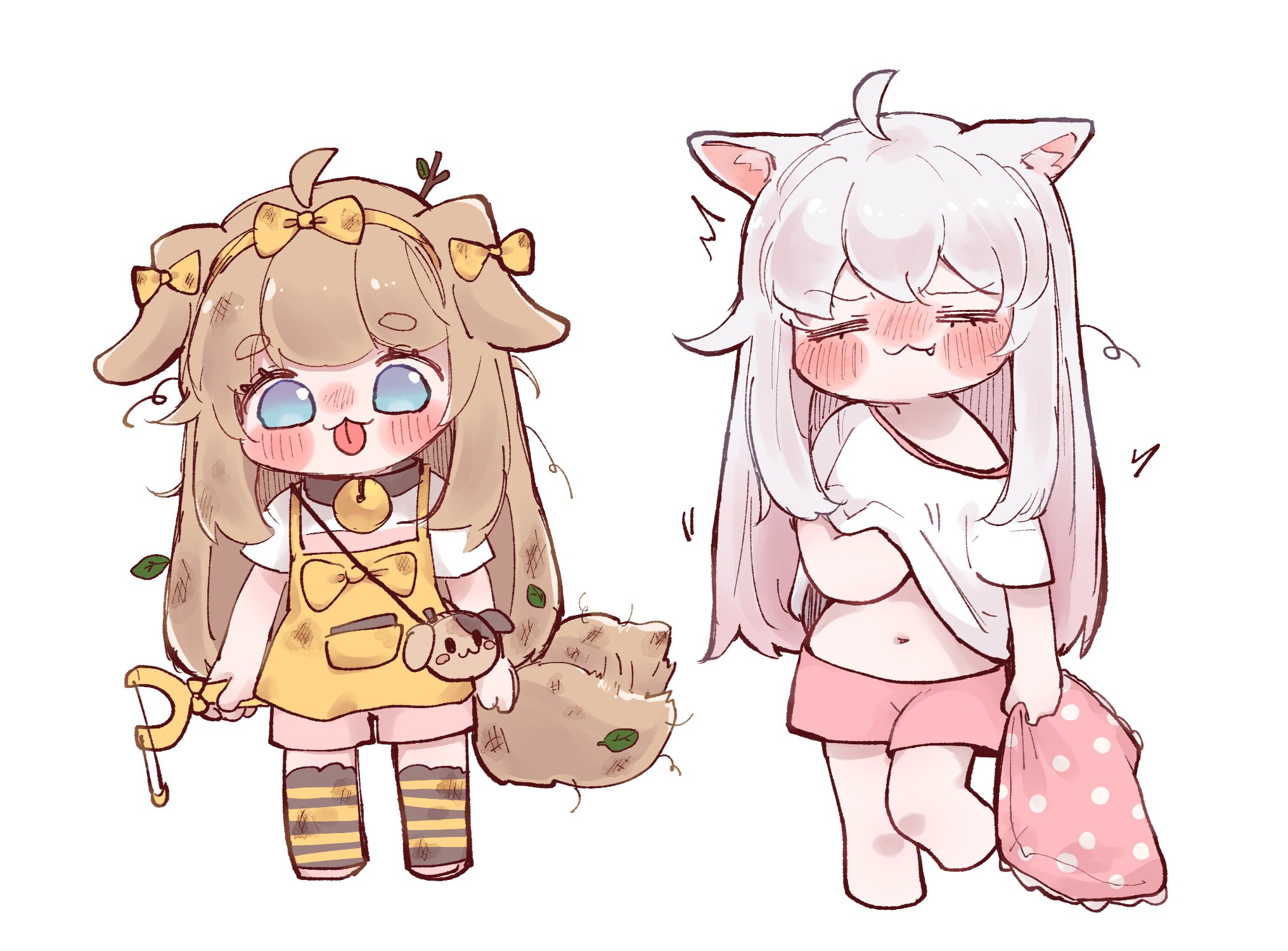 jyurip p, butter (trickcal), kommy (trickcal), trickcal, commentary request, highres, 2girls, ahoge, animal ears, bag, bell, blue eyes, blush, bow, brown hair, chibi, chibi only, closed eyes, closed mouth, fang, hair bow, long hair, multiple girls, navel, neck bell, pillow, pink shorts, shirt, shorts, simple background, standing, t-shirt, tongue, tongue out, white background, white hair, white shirt