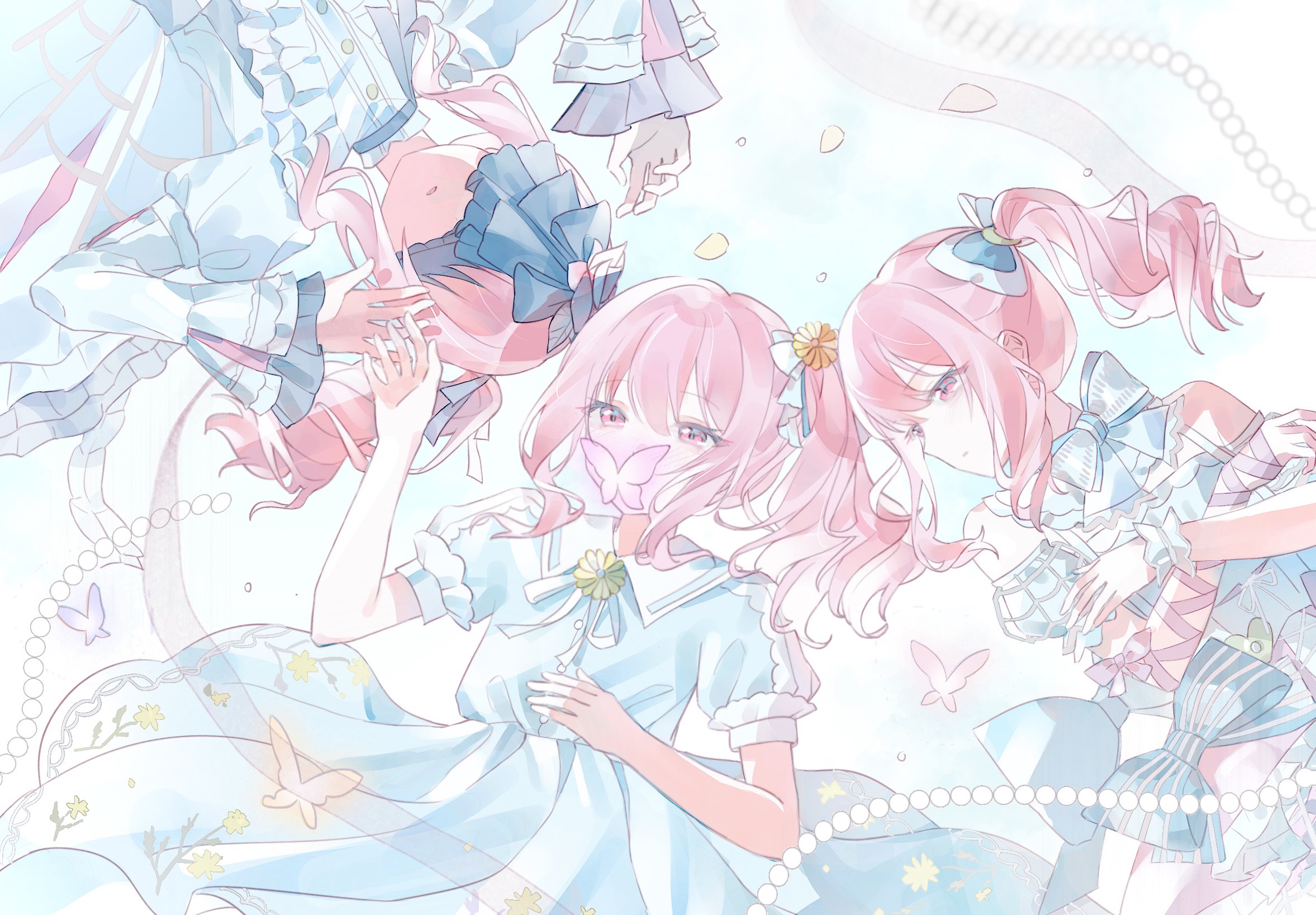 akiyama mizuki, project sekai, chinese commentary, commentary request, costume request, highres, 1other, arm ribbon, bare shoulders, beads, black ribbon, blue bow, bow, bowtie, covered eyes, crossed arms, detached sleeves, dress, dress bow, floral print, floral print dress, flower, frilled dress, frilled sleeves, frills, hair bow, hands up, long sleeves, lying, multiple views, on back, other focus, petals, pink eyes, pink hair, pink petals, pink ribbon, print dress, puffy detached sleeves, puffy sleeves, ribbon, short sleeves, sidelocks, songie, upper body, white bow, white dress, wrist cuffs, yellow flower, yellow petals