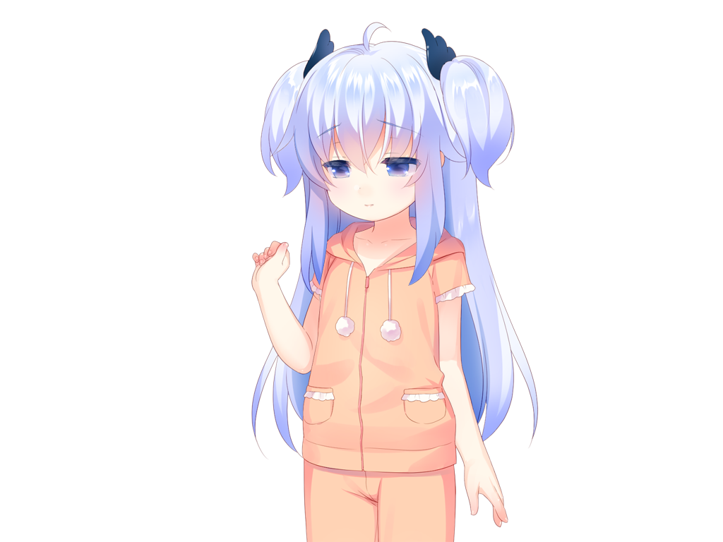 usashiro mani, sunao (harem futago lolita), harem futago lolita, game cg, large variant set, non-web source, variant set, 1girl, ahoge, blue eyes, blue hair, closed mouth, collarbone, cowboy shot, drawstring, hair between eyes, hand up, hood, hood down, hoodie, long hair, orange hoodie, orange pajamas, orange pants, pajamas, pants, pom pom (clothes), short sleeves, sidelocks, simple background, solo, standing, tachi-e, transparent background, two side up