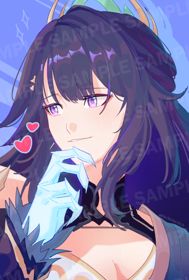 mscheckacheck, raiden mei, raiden mei (xentinel: dawnbearing crescent), honkai (series), honkai impact 3rd, commentary, english commentary, 1girl, breasts, claws, cleavage, collar, earrings, glowing, hair ornament, hairclip, headpiece, heart, jewelry, long hair, open clothes, parted bangs, purple eyes, purple hair, sample watermark, single bare shoulder, single earring, watermark