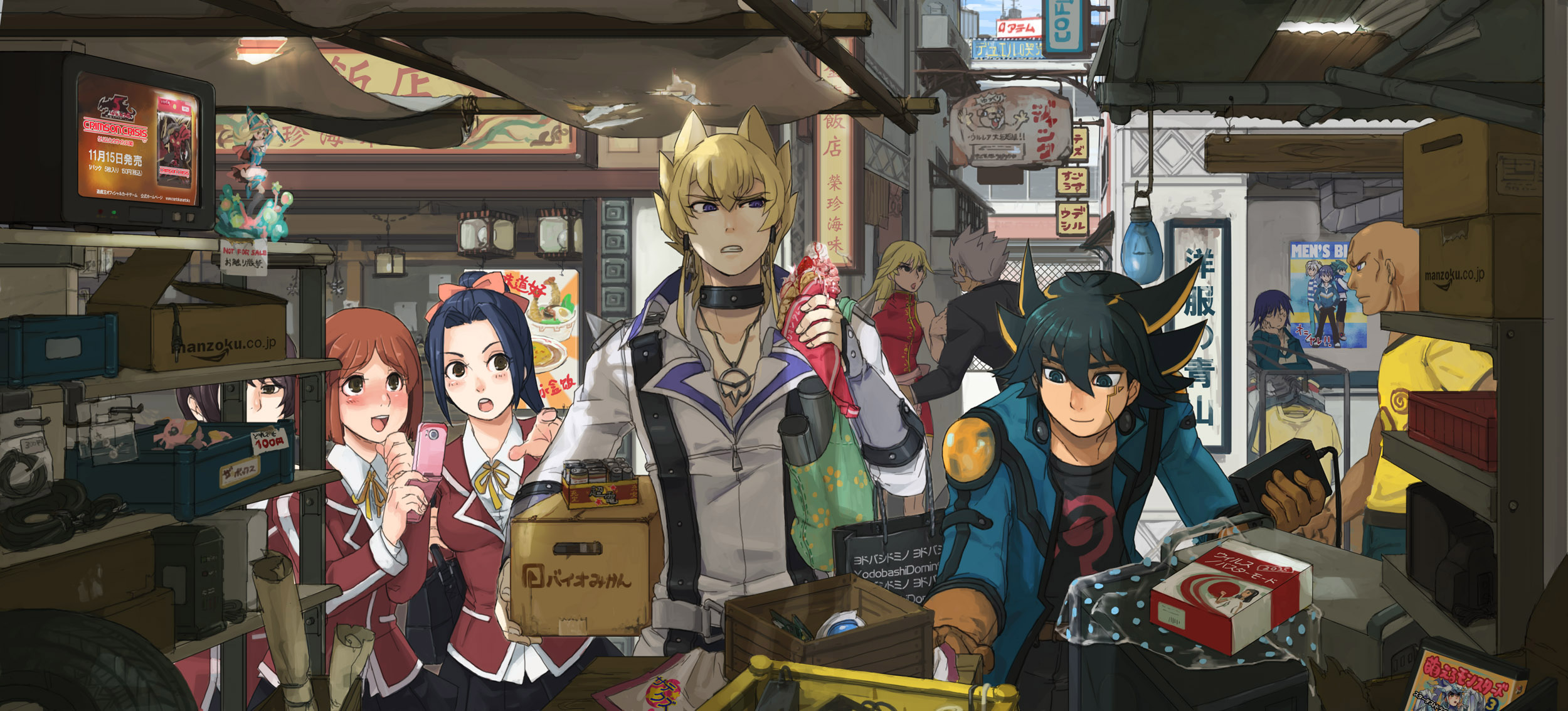 mayday, oinu 103, bakura ryou, dark magician girl, fudo yusei, jack atlas, johan andersen, red dragon archfiend, sherry leblanc, sonic chick, stardust dragon, amazon (company), yu-gi-oh!, yu-gi-oh! 5d's, yu-gi-oh! duel monsters, highres, 3girls, 5boys, blonde hair, blouse, brand name imitation, cellphone, china dress, chinese clothes, dark skin, dress, duel monster, food, hair intakes, head rest, high ponytail, multicolored hair, multiple boys, multiple girls, parfait, parody, phone, ponytail, product placement, school uniform, shirt, shop, shopping, slice of life, streaked hair, television, white shirt, yellow shirt