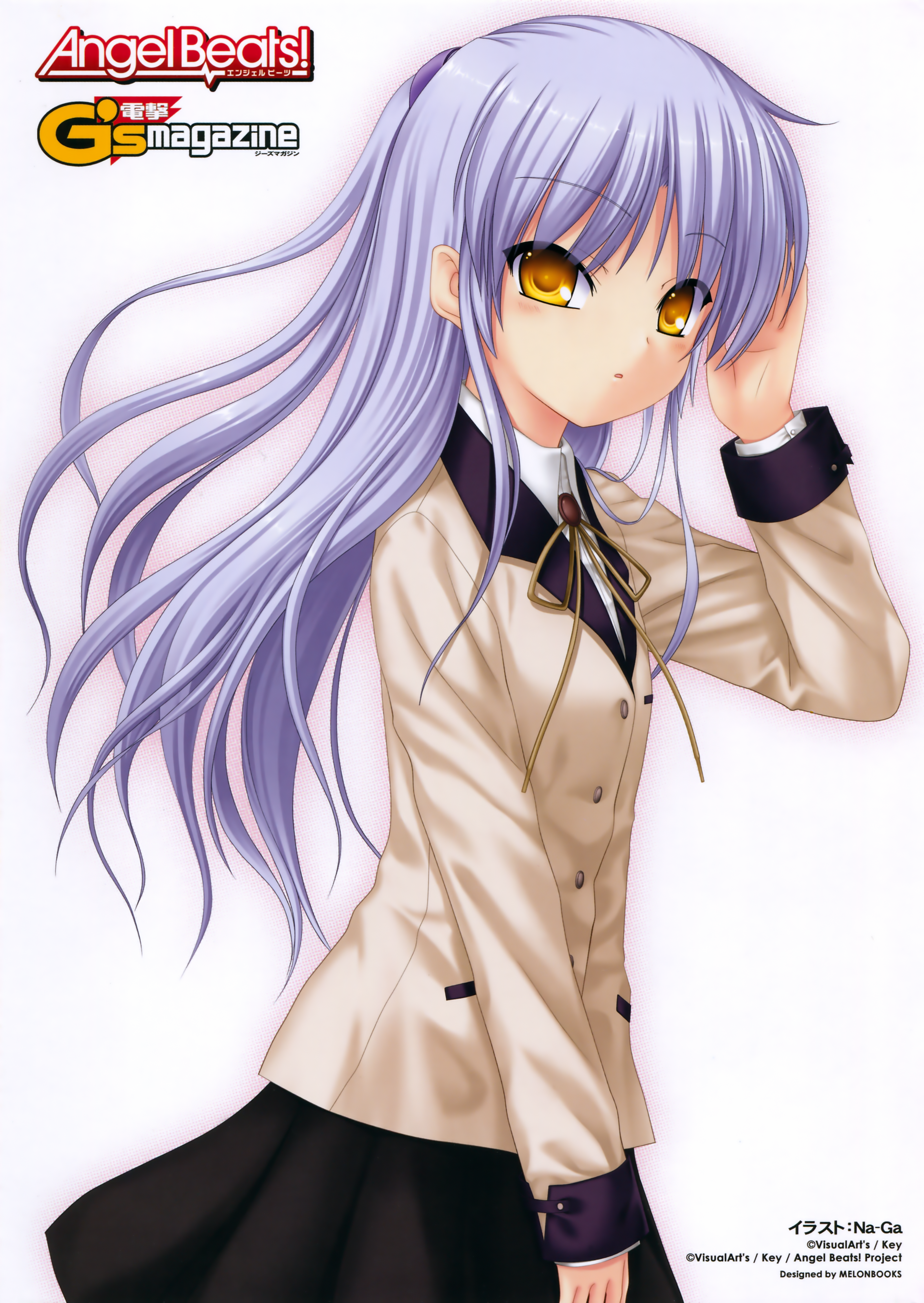na-ga, tenshi (angel beats!), angel beats!, absurdres, highres, 10s, blue hair, hair between eyes, long hair, ponytail, school uniform, simple background, solo, white background, yellow eyes