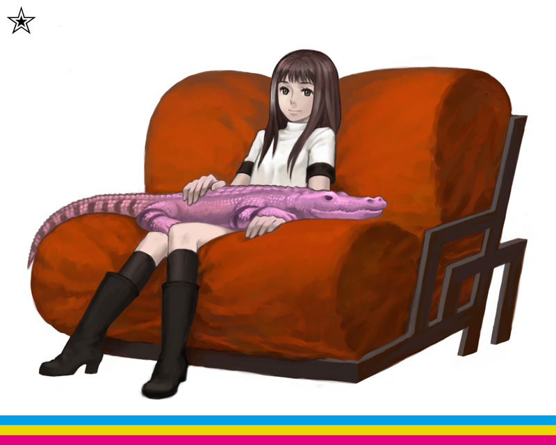 nichiq, christina (fsr), kusabi toriko, grasshopper manufacture, hana to taiyou to ame to, 1girl, animal, black boots, black eyes, black socks, boot socks, boots, brown eyes, brown hair, couch, crocodile, crocodilian, female focus, knee boots, long hair, red upholstery, shirt, shoes, sitting, socks, solo, star (symbol), t-shirt, toriko (fsr), white shirt