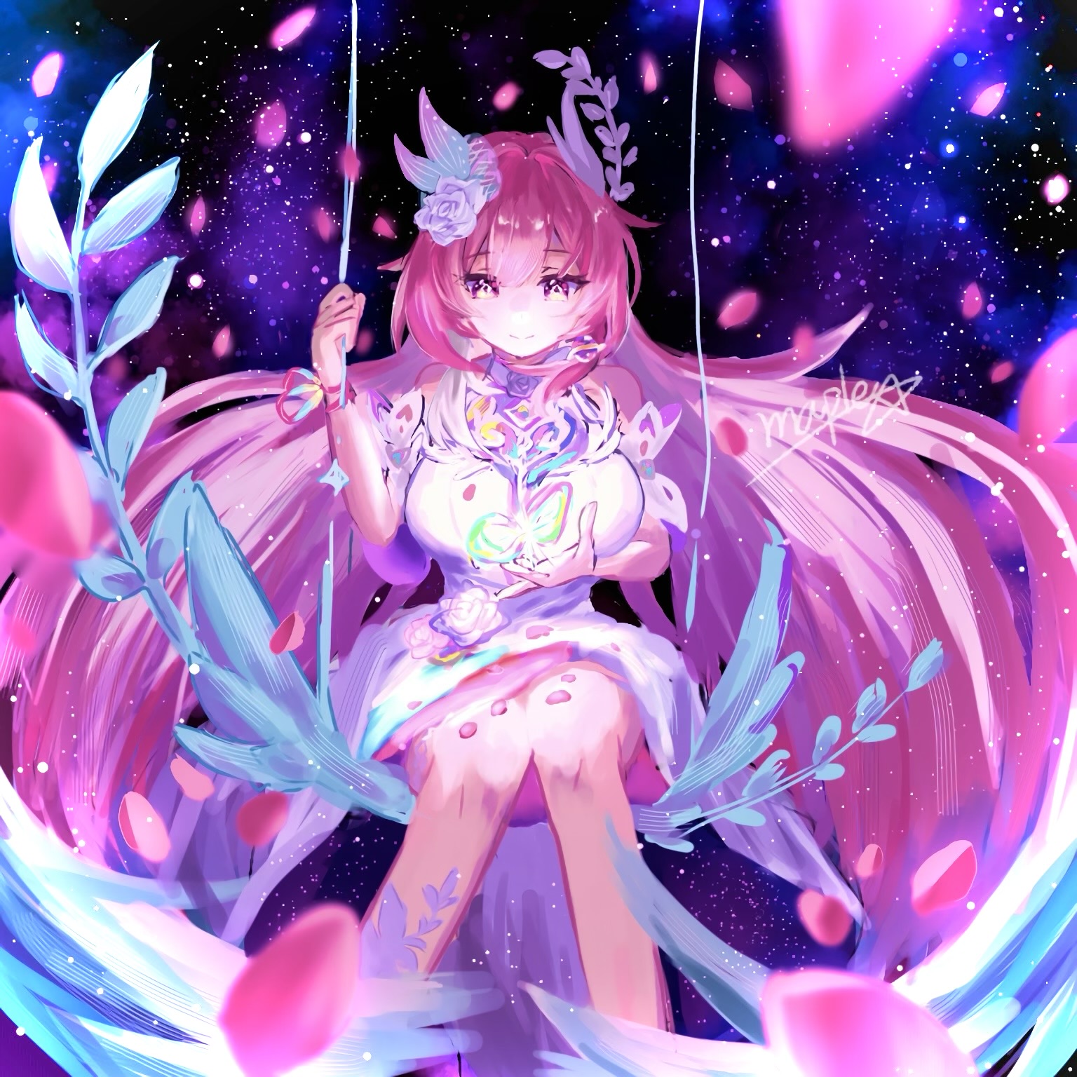 cyrene (demiurge) (honkai: star rail), cyrene (honkai: star rail), honkai: star rail, honkai (series), commentary request, highres, 1girl, amphoreus (honkai: star rail), aqua hair, artist name, breasts, diamond-shaped pupils, diamond (shape), dress, earrings, jewelry, large breasts, long hair, maple (user txpv3878), mobius strip, multicolored hair, on swing, pink hair, purple eyes, smile, solo, space, star (sky), swing, symbol-shaped pupils, very long hair, white dress, white hair