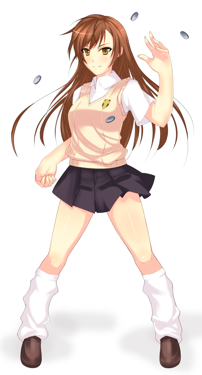 hevn, misaka mikoto, toaru kagaku no railgun, toaru majutsu no index, highres, 1girl, aged up, alternate hair length, alternate hairstyle, arm up, black skirt, blush, breasts, brown eyes, brown hair, brown shoes, brown sweater, brown sweater vest, brown vest, coin, electricity, electrokinesis, female focus, full body, gradient background, grey skirt, hand up, legs, light blush, light brown sweater, light brown vest, long hair, looking at viewer, medium breasts, miniskirt, pleated skirt, school uniform, shirt, shoes, short-sleeved shirt, short sleeves, skirt, sleeveless, sleeveless sweater, slit pupils, smile, socks, solo, standing, sweater, sweater vest, t-shirt, thighs, tokiwadai school uniform, vest, white background, white shirt