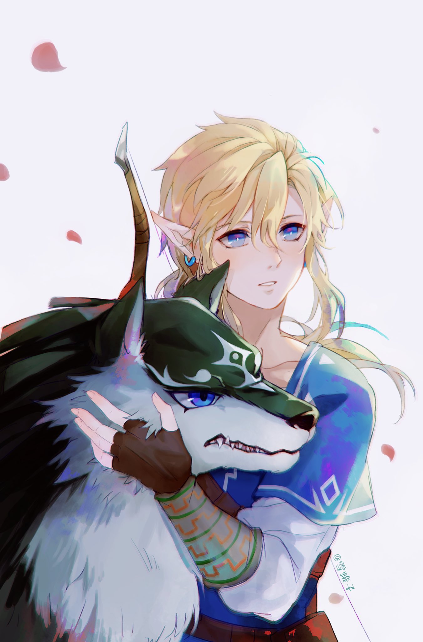 xue ezi, link, wolf link, nintendo, the legend of zelda, the legend of zelda: breath of the wild, the legend of zelda: twilight princess, commentary request, highres, 1boy, animal, arm up, belt, belt pouch, black gloves, blonde hair, blue eyes, blue tunic, brown belt, clenched teeth, collarbone, falling petals, fingerless gloves, gloves, hair between eyes, long pointy ears, male focus, parted hair, parted lips, petals, pointy ears, ponytail, pouch, teeth, tunic, white background, wolf