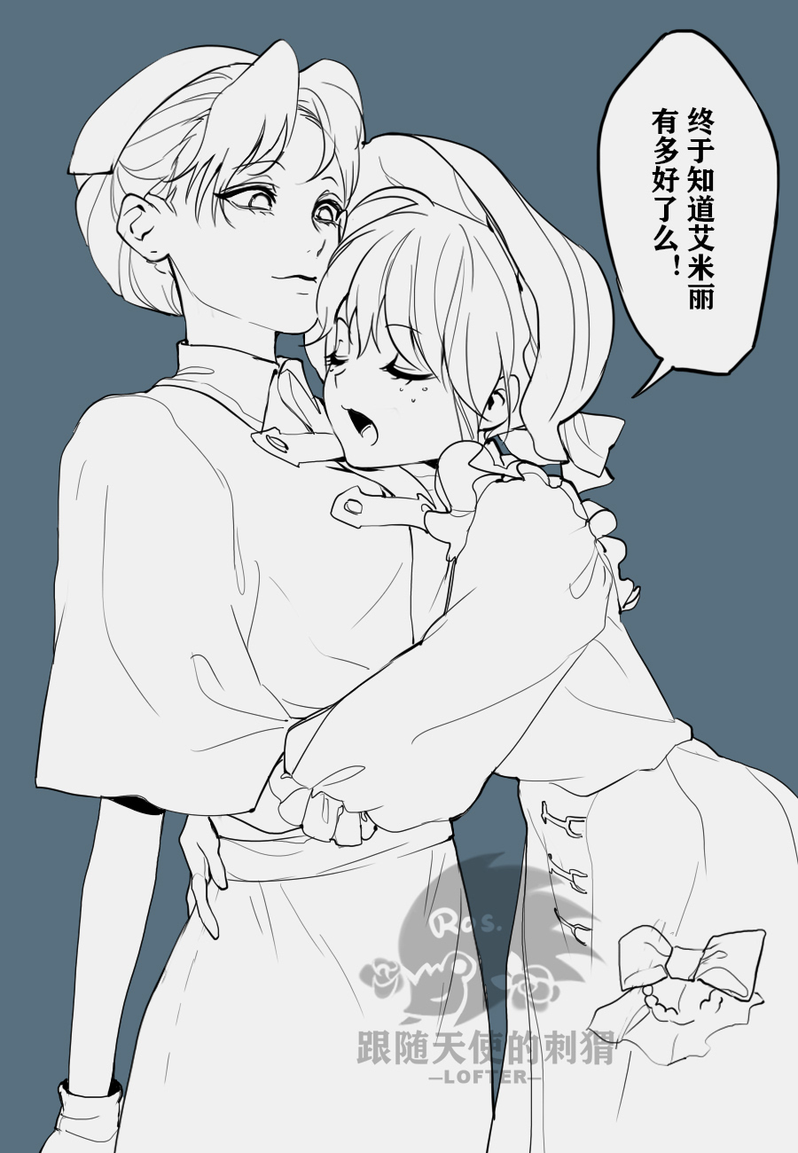 luosi (rrros), emily dyer, emma woods, emma woods (boudoir dream), identity v, commentary request, highres, translation request, 2girls, arms around waist, blue background, bow, capelet, chinese text, closed eyes, collared capelet, dress, dress bow, freckles, gloves, greyscale with colored background, hair bun, hat, hug, multiple girls, nurse cap, open mouth, simple background, three-quarter sleeves, watermark, yuri