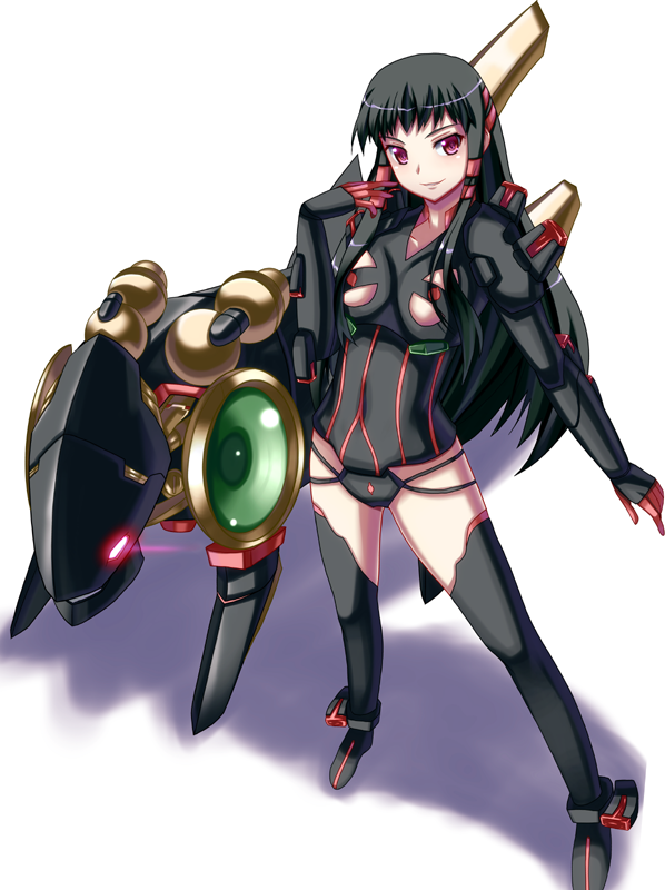 akiyasu, elma-dsrx, jakuri (ar tonelico), ar tonelico, ar tonelico ii, gust, 1girl, armor, black boots, black hair, black thighhighs, blush, bodysuit, boots, breasts, clothing cutout, female focus, flat chest, full body, gloves, glowing, glowing eyes, groin, hair ribbon, highleg, highleg leotard, hip focus, leotard, long hair, looking at viewer, multicolored hair, purple eyes, red eyes, red hair, ribbon, robot, shadow, sidelocks, simple background, small breasts, smile, solo, standing, streaked hair, thigh boots, thighhighs, two-tone hair, underboob, underboob cutout, very long hair, white background