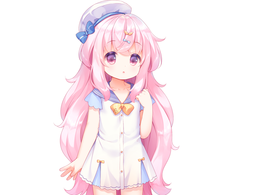 usashiro mani, tomari (harem futago lolita), harem futago lolita, game cg, large variant set, non-web source, variant set, 1girl, :o, ahoge, blue bow, blue sailor collar, blue sleeves, bow, bowtie, buttons, cowboy shot, crossed bangs, dot nose, dress, hand up, hat, hat bow, long hair, open mouth, pink eyes, pink hair, sailor collar, sailor dress, short dress, short sleeves, simple background, solo, standing, striped bow, tachi-e, transparent background, white dress, white hat, yellow bow, yellow bowtie