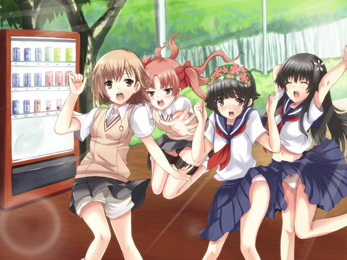 hinata sora, misaka mikoto, saten ruiko, shirai kuroko, uiharu kazari, toaru kagaku no railgun, toaru majutsu no index, 4girls, black hair, bow, bow panties, brown eyes, brown hair, can, closed eyes, drink can, flower, hair flower, hair ornament, head wreath, long hair, multiple girls, panties, pantyshot, school uniform, serafuku, short hair, shorts, soda can, sweater vest, twintails, underwear, upskirt, vending machine, white panties