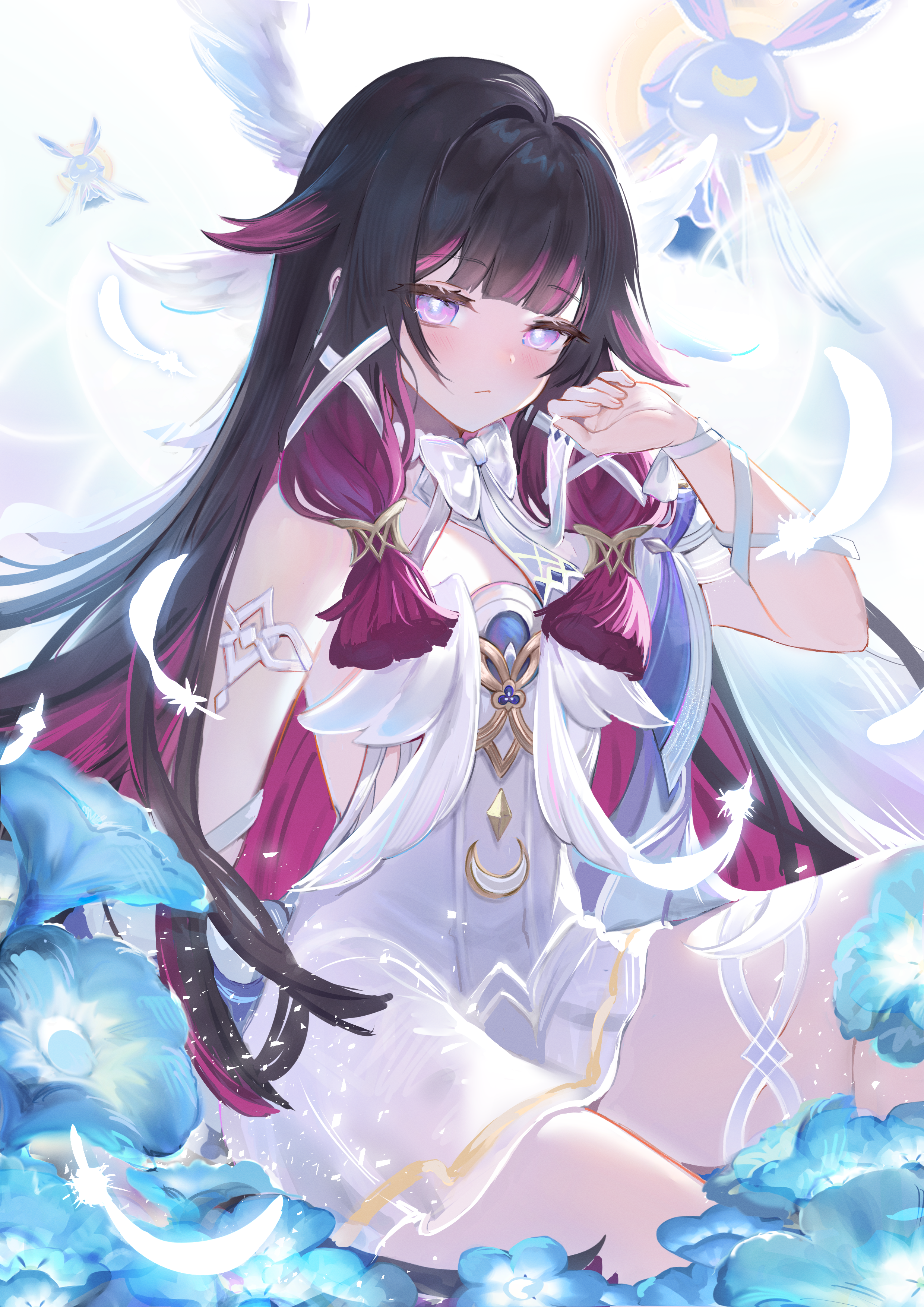 dan gan, columbina (genshin impact), luonnotar (genshin impact), genshin impact, absurdres, commentary request, highres, 1girl, angel wings, blue flower, blunt bangs, blush, closed mouth, dress, falling feathers, feathered wings, feathers, flower, gradient hair, hair ribbon, head wings, long hair, long sidelocks, looking at viewer, multicolored hair, multiple wings, pink eyes, pink hair, ribbon, sidelocks, sitting, very long hair, white dress, white feathers, white ribbon, white wings, wings, wrist ribbon