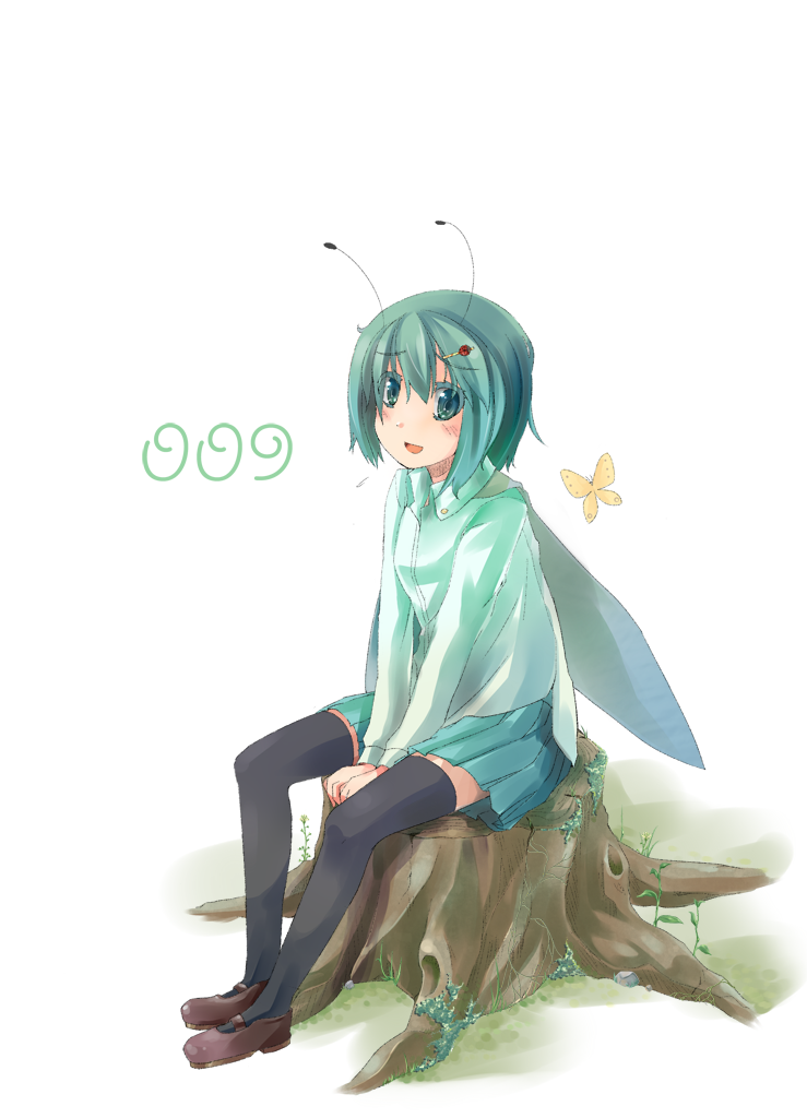 aoi kujira, wriggle nightbug, touhou, 1girl, alternate costume, antennae, black thighhighs, blush, bug, butterfly, cape, colored eyelashes, contemporary, eyelashes, female focus, green eyes, green hair, insect, matching hair/eyes, short hair, skirt, smile, solo, thighhighs, v arms