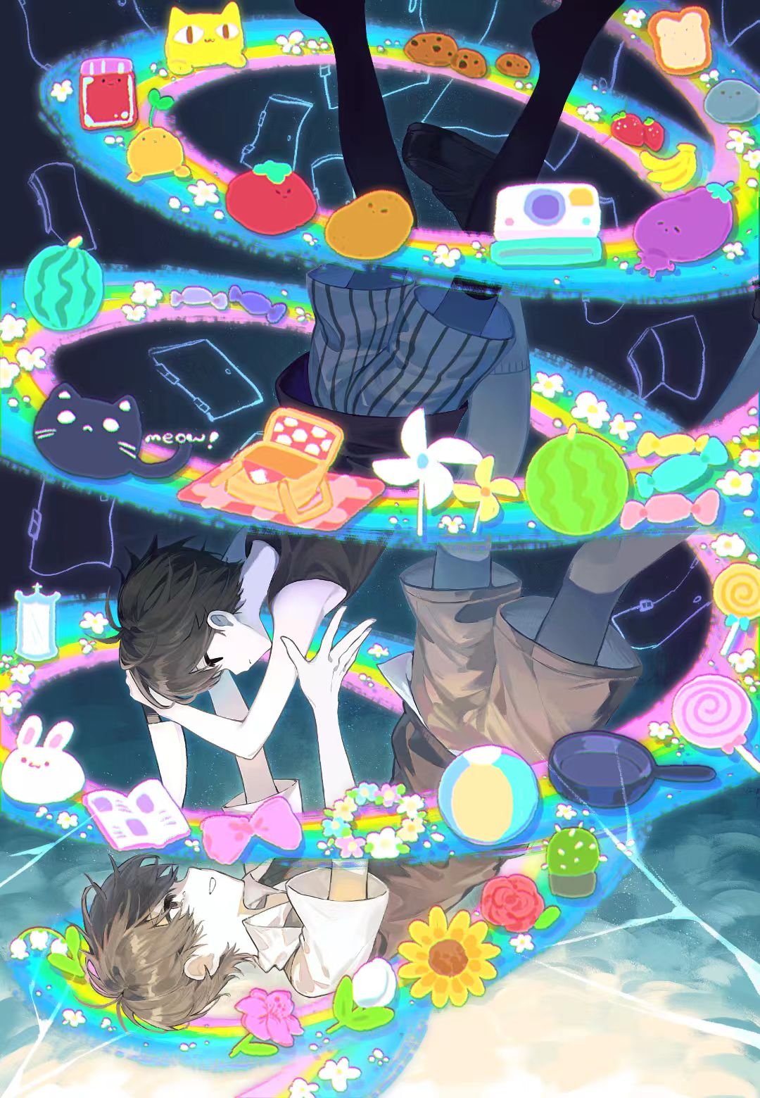 makucrp, big yellow cat (omori), forest bunny (omori), hector (omori), mewo, omori (omori), sunny (omori), omori, commentary, hashtag-only commentary, highres, 2boys, antenna hair, ball, banana, black eyes, black hair, black shoes, black sweater vest, black tank top, black thighhighs, brown shorts, camera, candy, closed mouth, collared shirt, colored skin, dual persona, expressionless, food, fruit, frying pan, lollipop, looking at another, male focus, multiple boys, parted lips, pet rock, pinwheel, shirt, shoes, short hair, short sleeves, shorts, smile, strawberry, striped clothes, striped shorts, sweater vest, swirl lollipop, tank top, thighhighs, two-tone shorts, vertical-striped clothes, vertical-striped shorts, white shirt, white shorts, white skin