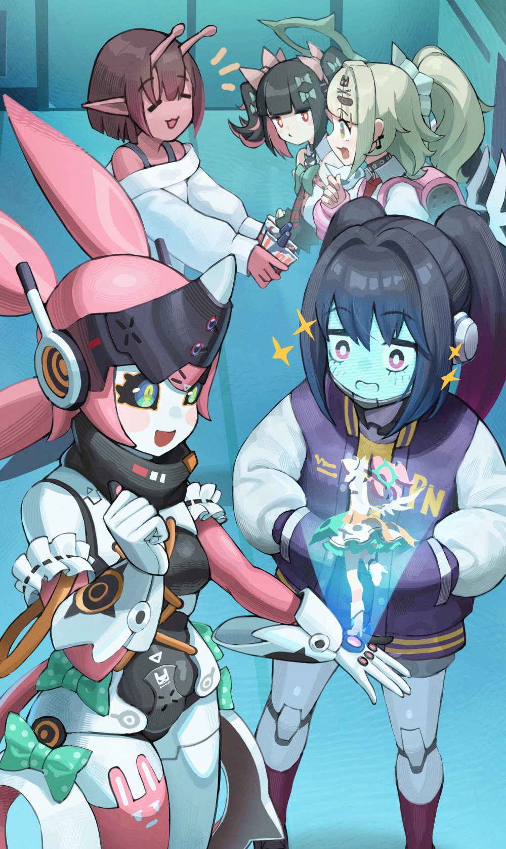 matsuhisa (ryo-tsuda1), aria (zenless zone zero), kujo chiharu, kurusu makina (milky galactic universe), nangong yu, sunna (zenless zone zero), angels of delusion, milky subway, zenless zone zero, commentary, highres, 5girls, arm warmers, bandaid, bandaid hair ornament, blue skin, bow, colored inner hair, colored skin, dress, earrings, green bow, green eyes, hair intakes, hair ornament, halo, humanoid robot, jewelry, joints, mechanical ears, multicolored hair, multiple girls, multiple hair clips, musical note earrings, open mouth, pink arm warmers, pink bag, ponytail, red eyes, red skin, robot, robot girl, robot joints, smile, sparkle, striped arm warmers, twintails, white dress