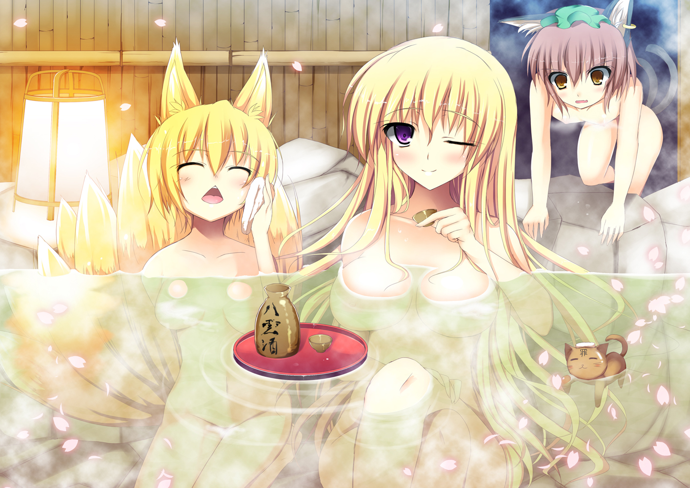 shikano sumiaki, chen, yakumo ran, yakumo yukari, touhou, bad id, bad pixiv id, 3girls, :<, alcohol, all fours, animal ears, blonde hair, breasts, brown eyes, brown hair, cat, cat ears, cat tail, closed eyes, earrings, female focus, fox ears, fox tail, hat, jewelry, large breasts, long hair, multiple girls, multiple tails, no headwear, nude, one eye closed, onsen, petals, purple eyes, sake, same-sex bathing, shared bathing, short hair, tail, wink