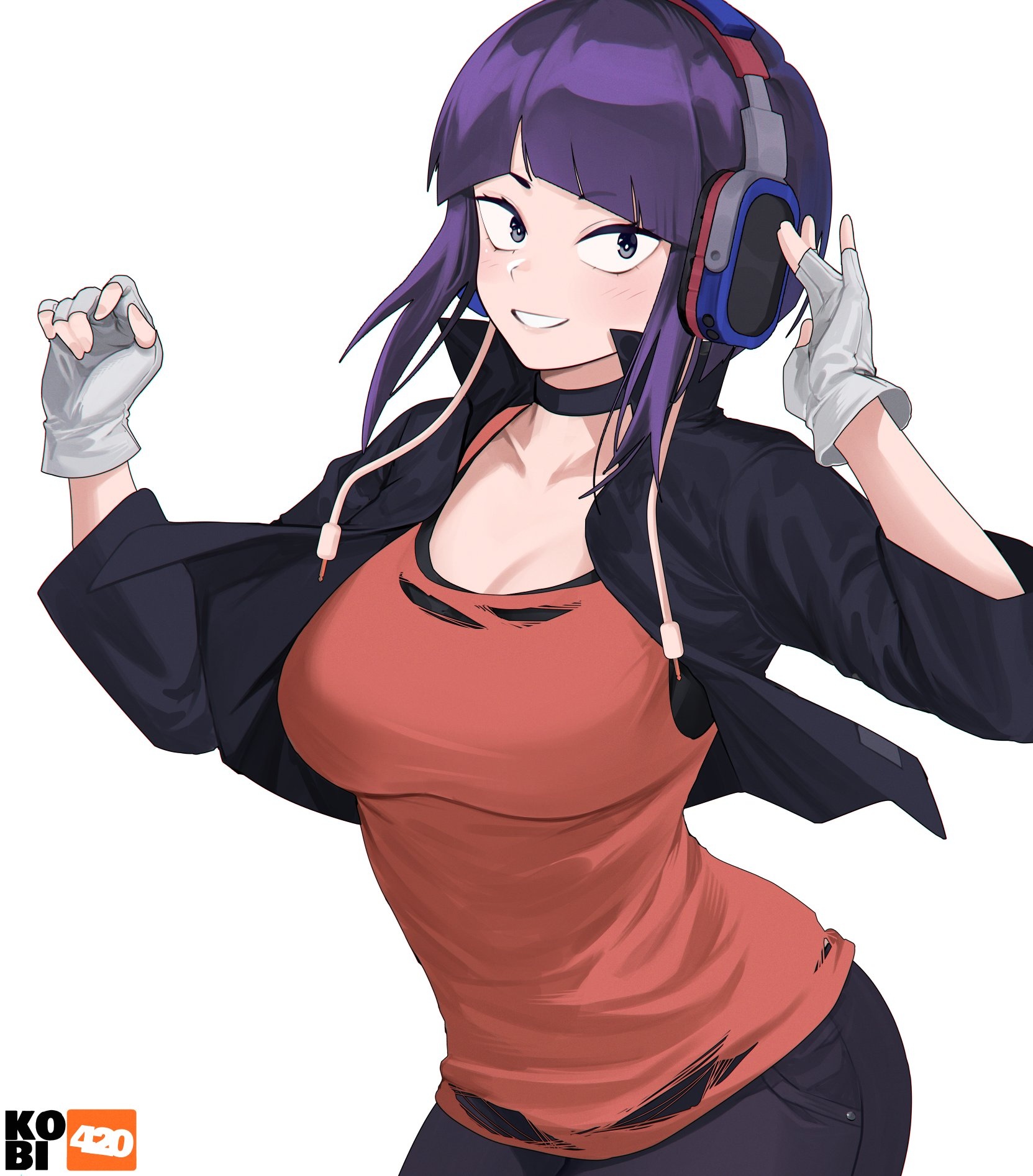 kobi420, jiro kyoka, boku no hero academia, highres, 1girl, adjusting headphones, artist logo, artist name, black choker, black gloves, black jacket, black pants, blush, breasts, choker, collarbone, cowboy shot, cropped jacket, denim, fingerless gloves, gloves, hands up, jacket, large breasts, logo, long sleeves, looking at viewer, medium hair, open clothes, open jacket, orange shirt, pants, parted lips, purple hair, shirt, sidelocks, smile, solo, teeth, torn clothes, torn shirt, white background, white gloves