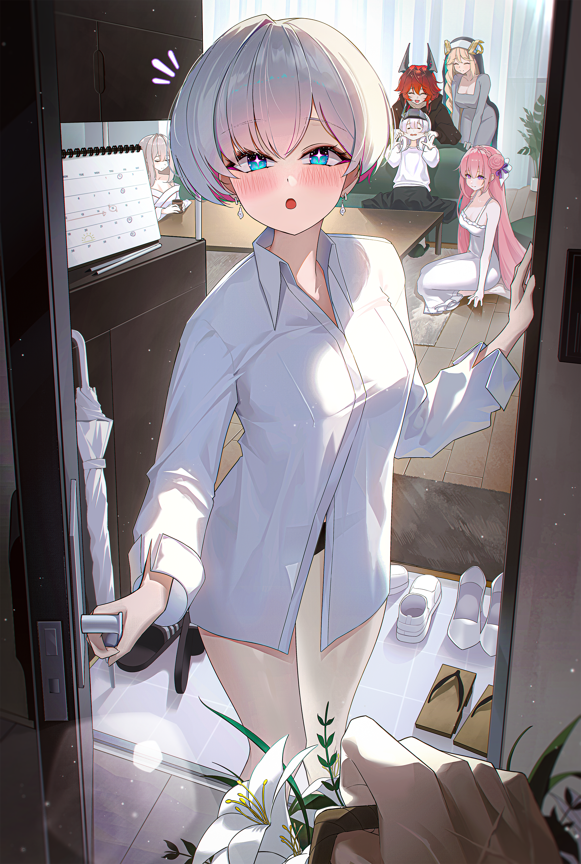 orecalc3092, dorothy (nikke), liliweiss (nikke), rapunzel (nikke), red hood (nikke), scarlet (nikke), snow white (innocent days) (nikke), snow white (nikke), the legendary commander (nikke), goddess of victory: nikke, absurdres, commentary, english commentary, highres, 1boy, 6+girls, alternate costume, black panties, blue eyes, blush, breasts, closed umbrella, collared shirt, colored inner hair, earrings, goddess (nikke), holding, jewelry, looking at viewer, medium breasts, multicolored hair, multiple girls, no pants, notice lines, open mouth, opening door, panties, pink hair, pov, pov hands, shirt, shoes, short hair, standing, umbrella, underwear, unworn shoes, white hair, white shirt