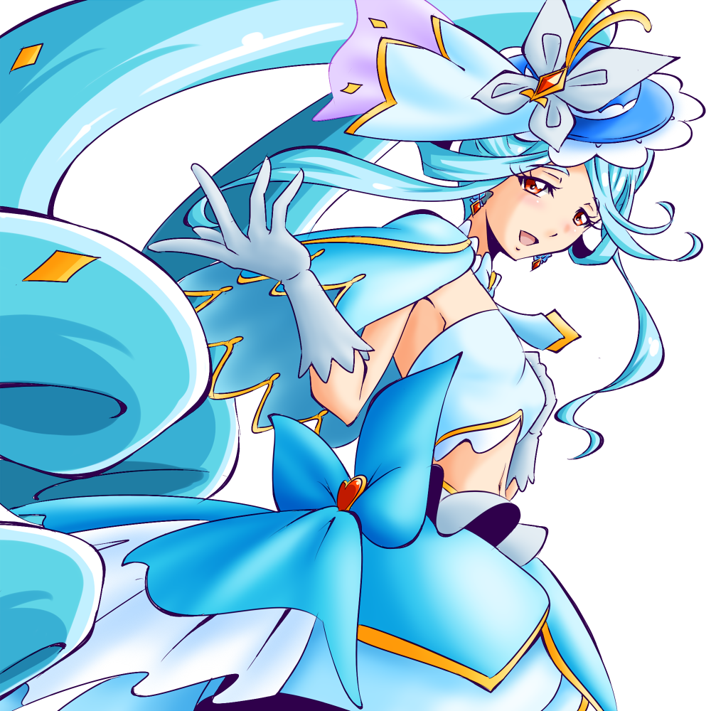 kogane (staygold), cure eclair, meitantei precure!, precure, red gem, commentary request, 1girl, :d, armpits, back bow, blue bow, blue hair, blue skirt, blue theme, blush, bow, brooch, butterfly hat ornament, cowboy shot, crop top, earrings, gem, gloves, half-closed eyes, hat, hat ornament, heart, heart brooch, high ponytail, jewelry, layered skirt, long hair, looking at viewer, magical girl, mini hat, mini top hat, open mouth, ponytail, red eyes, sidelocks, simple background, skirt, smile, solo, standing, swept bangs, top hat, waist brooch, white background, white gloves