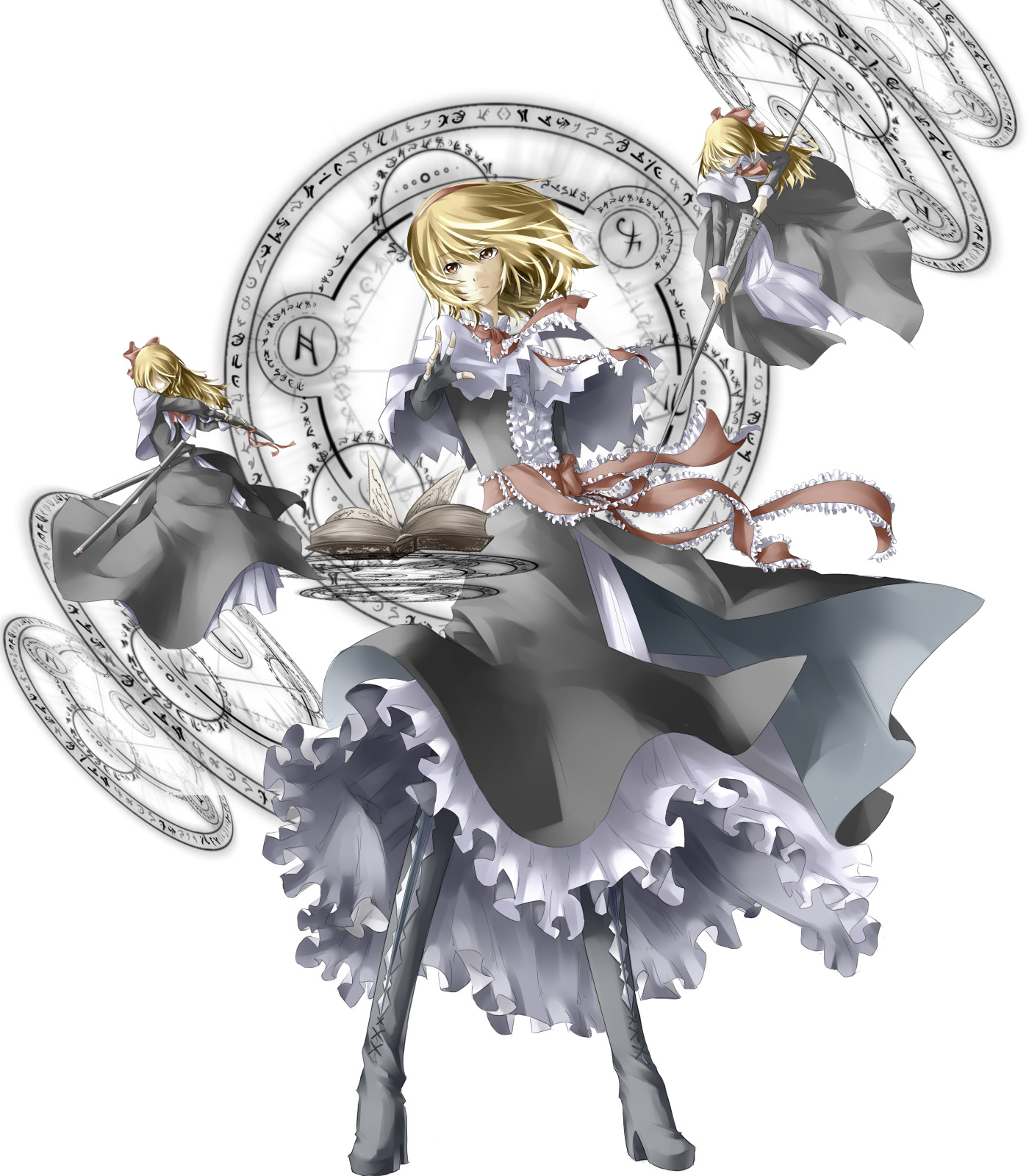 irena, alice margatroid, shanghai doll, touhou, highres, 1girl, blonde hair, book, doll, female focus, hairband, lance, magic circle, polearm, red eyes, short hair, weapon