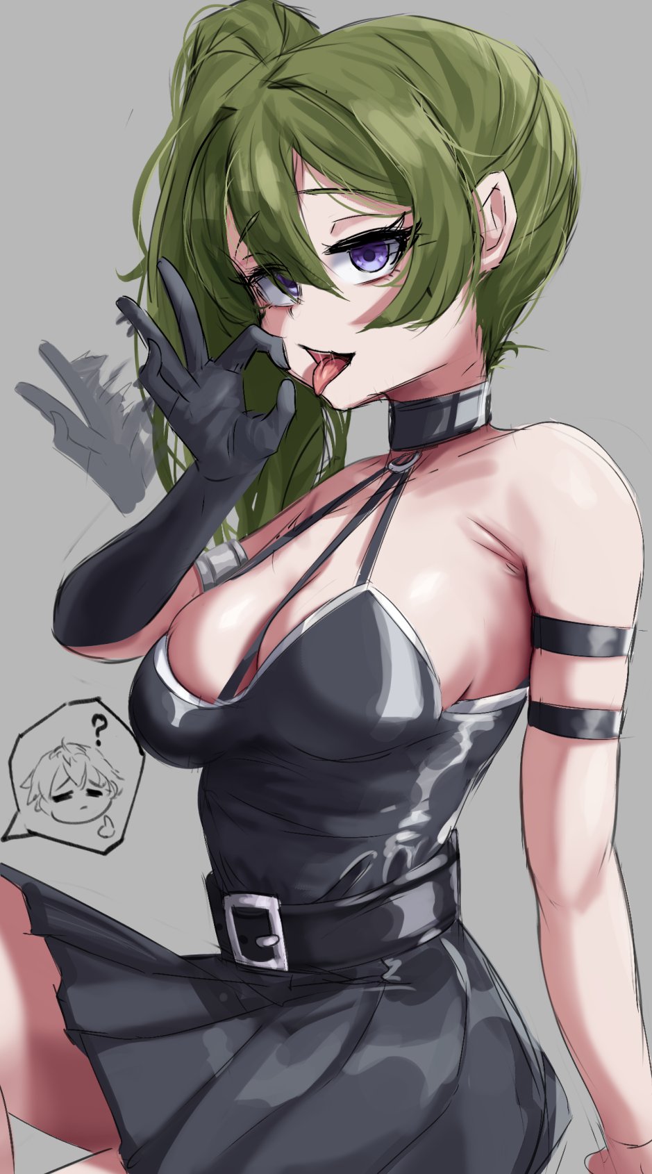 silver queen (silverqueen0), stark (sousou no frieren), ubel (sousou no frieren), sousou no frieren, 1boy, 1girl, arm at side, arm strap, armlet, bare shoulders, belt, black gloves, black shirt, black skirt, breasts, cleavage, empty eyes, expressionless, eyelashes, feet out of frame, fellatio gesture, from side, gloves, green hair, grey background, hand up, harness, jewelry, large breasts, long hair, looking at viewer, looking to the side, motion blur, naughty face, open mouth, ponytail, purple eyes, shirt, side ponytail, sideways glance, simple background, single glove, sitting, skirt, solo focus, strapless, strapless shirt, tongue, tongue out, turning head