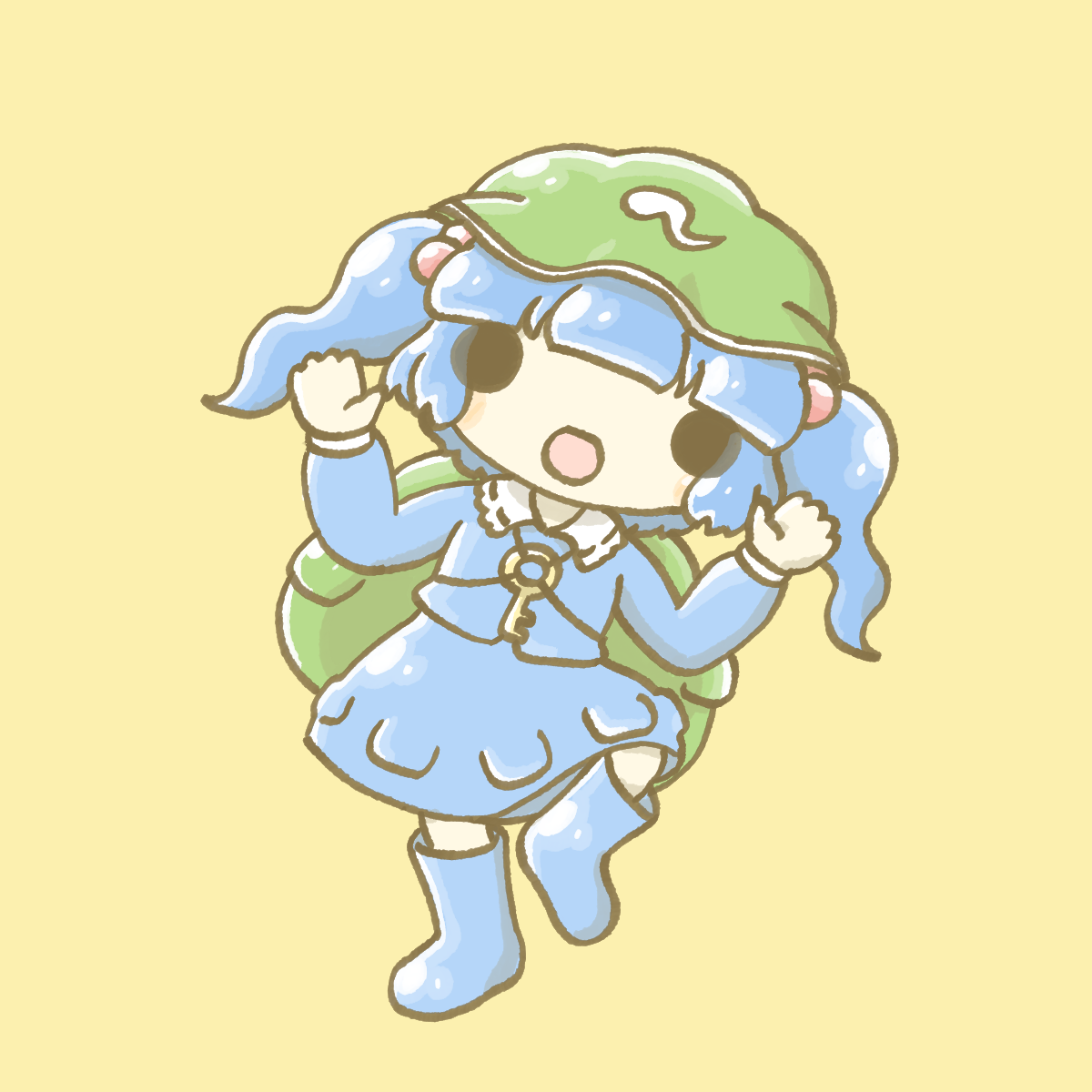 wafu (wafu39080), kawashiro nitori, touhou, commentary, highres, 1girl, backpack, bag, blue boots, blue hair, blue shirt, blue skirt, boots, chibi, flat cap, full body, green hat, hair bobbles, hair ornament, hat, key, long sleeves, open mouth, shirt, simple background, skirt, solid circle eyes, solo, two side up, yellow background