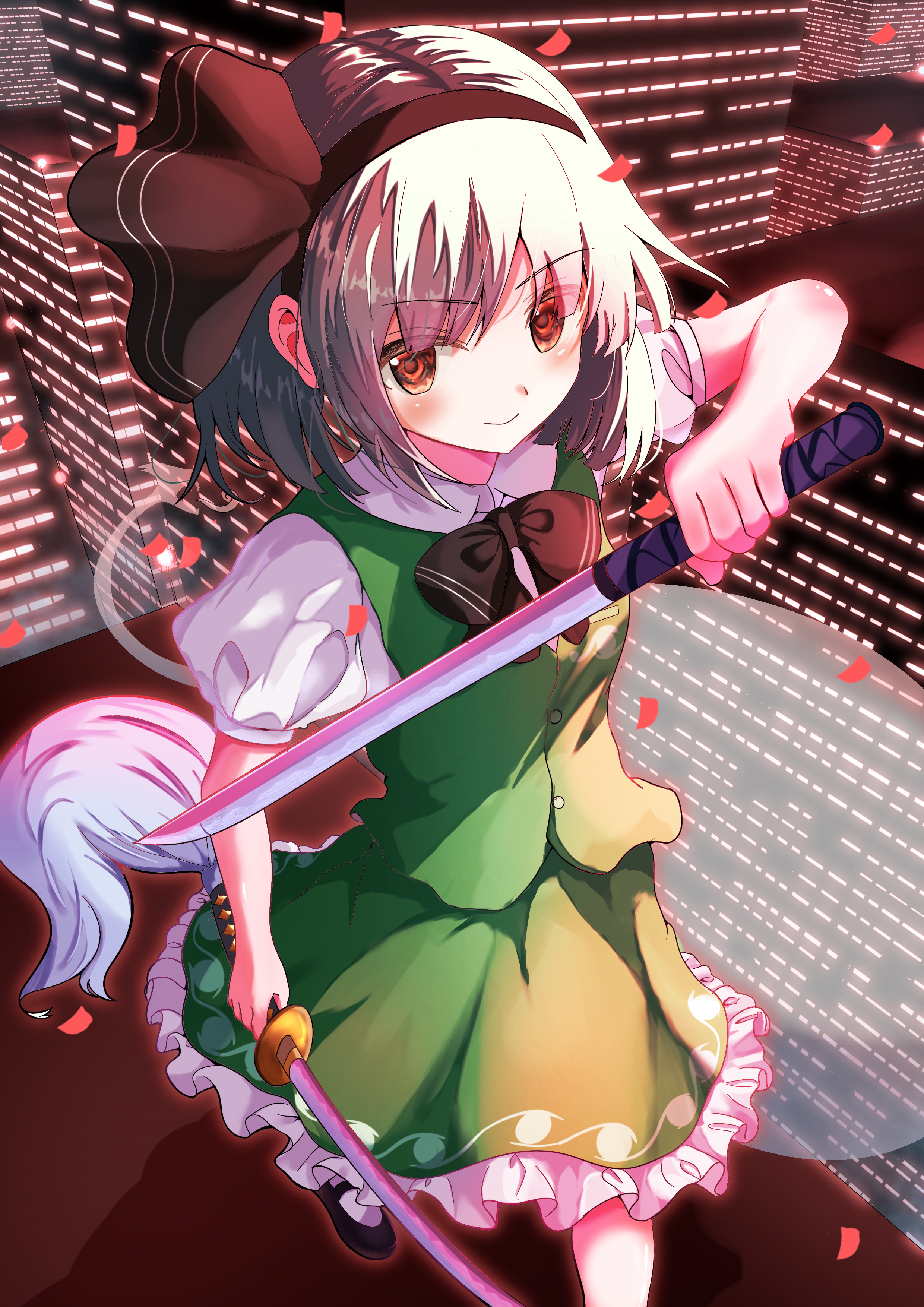 rikiriki200, konpaku youmu, konpaku youmu (ghost), touhou, absurdres, commentary request, highres, 1girl, black bow, black bowtie, black hairband, blush, bow, bowtie, building, closed mouth, frilled skirt, frills, from above, ghost, ghost print, green skirt, green vest, grey hair, hairband, holding, holding sword, holding weapon, looking at viewer, multiple swords, outdoors, red eyes, short hair, short sleeves, skirt, skyscraper, smile, solo, sword, vest, weapon