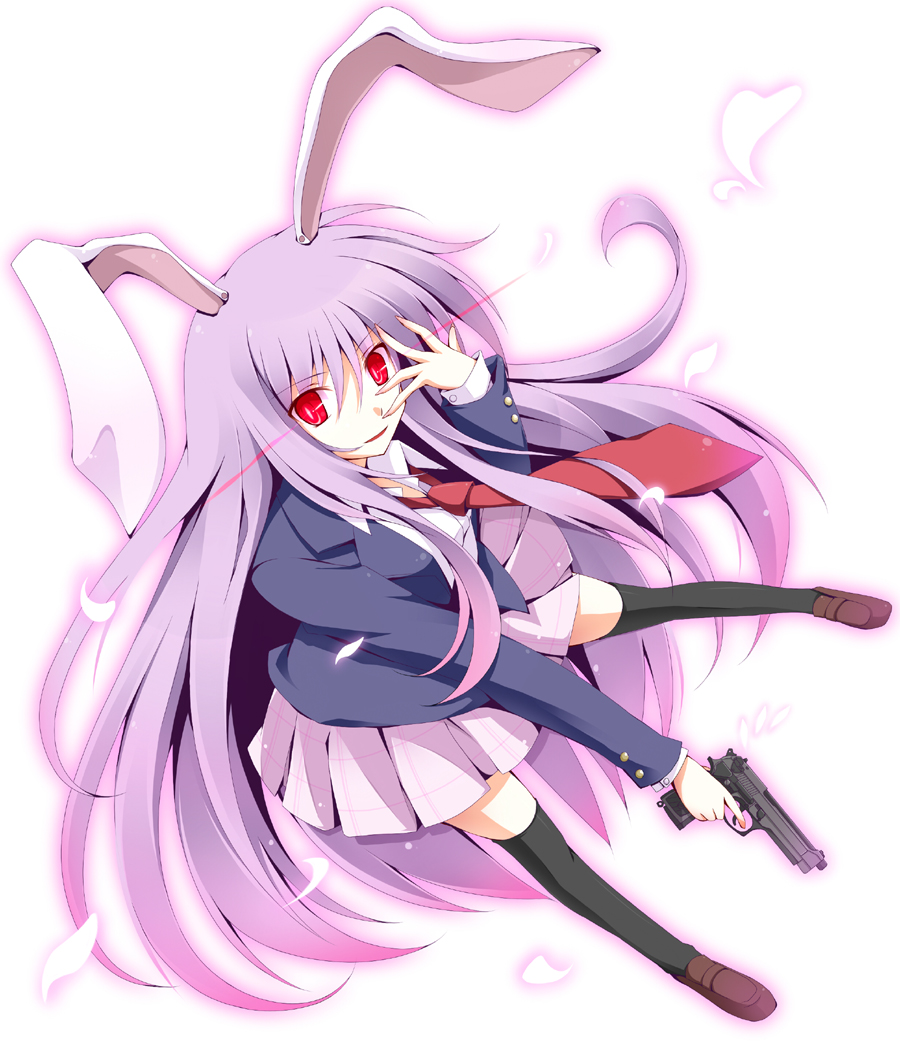 kurono yuzuko, yuuko (pixiv), reisen udongein inaba, touhou, bad id, bad pixiv id, 1girl, animal ears, beretta 92, black thighhighs, blazer, female focus, gun, handgun, jacket, long hair, necktie, purple hair, rabbit ears, red eyes, red necktie, solo, thighhighs, weapon