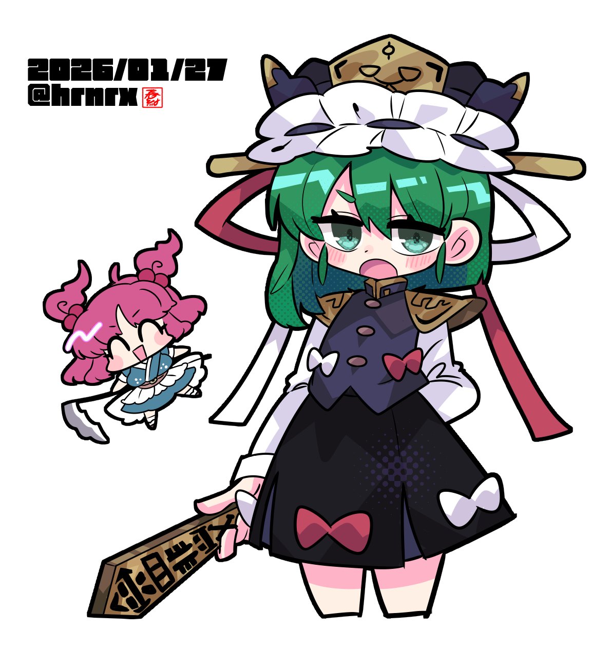 harunori (hrnrx), onozuka komachi, shiki eiki, touhou, highres, 2girls, ^ ^, asymmetrical hair, black skirt, blush, chibi, closed eyes, cropped legs, dated, earrings, epaulettes, frilled hat, frills, green eyes, green hair, hat, holding, jewelry, long sleeves, looking at viewer, medium hair, multiple girls, open mouth, red hair, rod of remorse, simple background, skirt, twitter username, white background