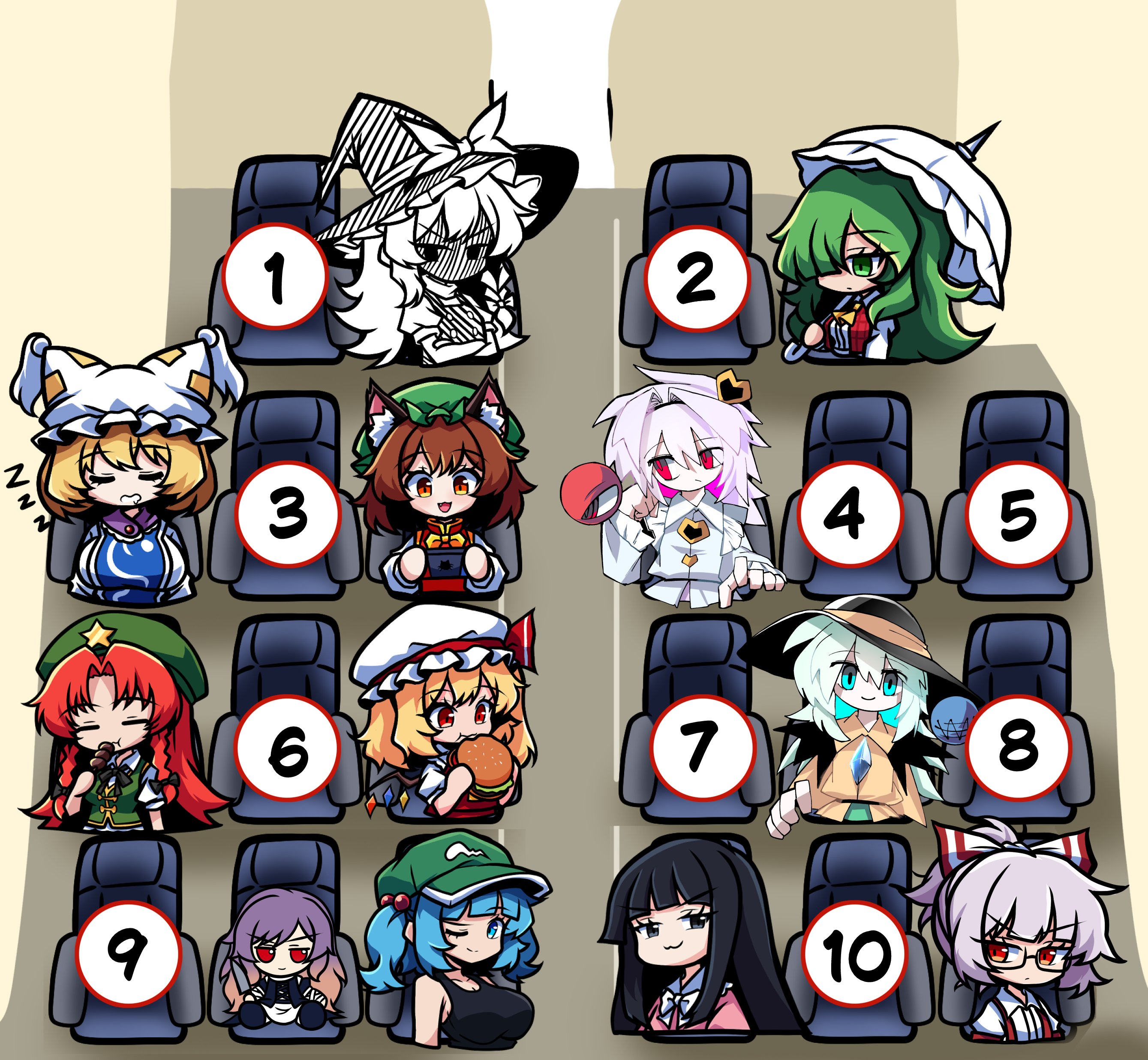 3rdeye suki, arianne20131, chen, flandre scarlet, fujiwara no mokou, hijiri byakuren, hong meiling, houraisan kaguya, kawashiro nitori, kazami yuuka, kirisame marisa, komeiji koishi, komeiji satori, yakumo ran, touhou, touhou (pc-98), absurdres, artist collaboration, commentary, english commentary, highres, 6+girls, ;3, animal ear fluff, animal ears, aqua eyes, beret, black eyes, black hair, black hat, blonde hair, blue hair, blunt bangs, bow, braid, burger, cat ears, cat girl, crossed arms, flat cap, food, fumo (doll), green hair, green hat, grey hair, hair bobbles, hair bow, hair ornament, hair over one eye, hat, hat ornament, hime cut, holding, holding food, holding knife, holding umbrella, knife, meme, mob cap, multiple girls, nintendo switch, one eye closed, pink hair, red eyes, red hair, side braids, sleeping, star (symbol), star hat ornament, third eye, twin braids, umbrella, where are you sitting (meme), white umbrella, wings, zzz
